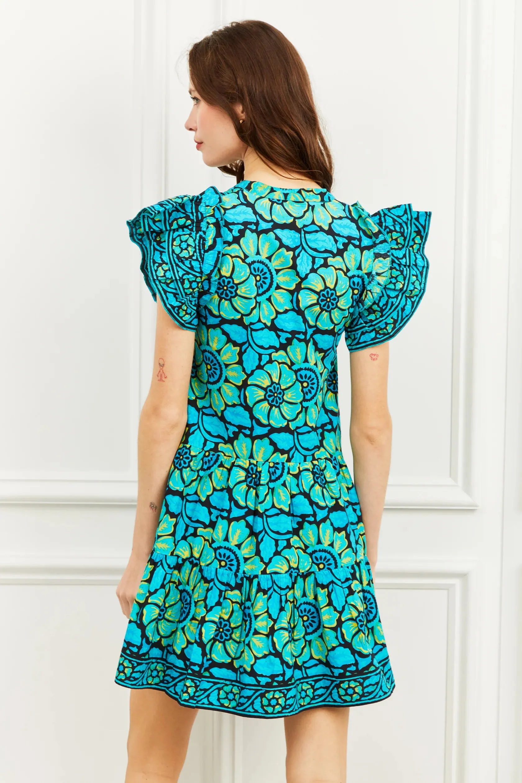 Lo6017 Turquoise Flutter Sleeve Dress