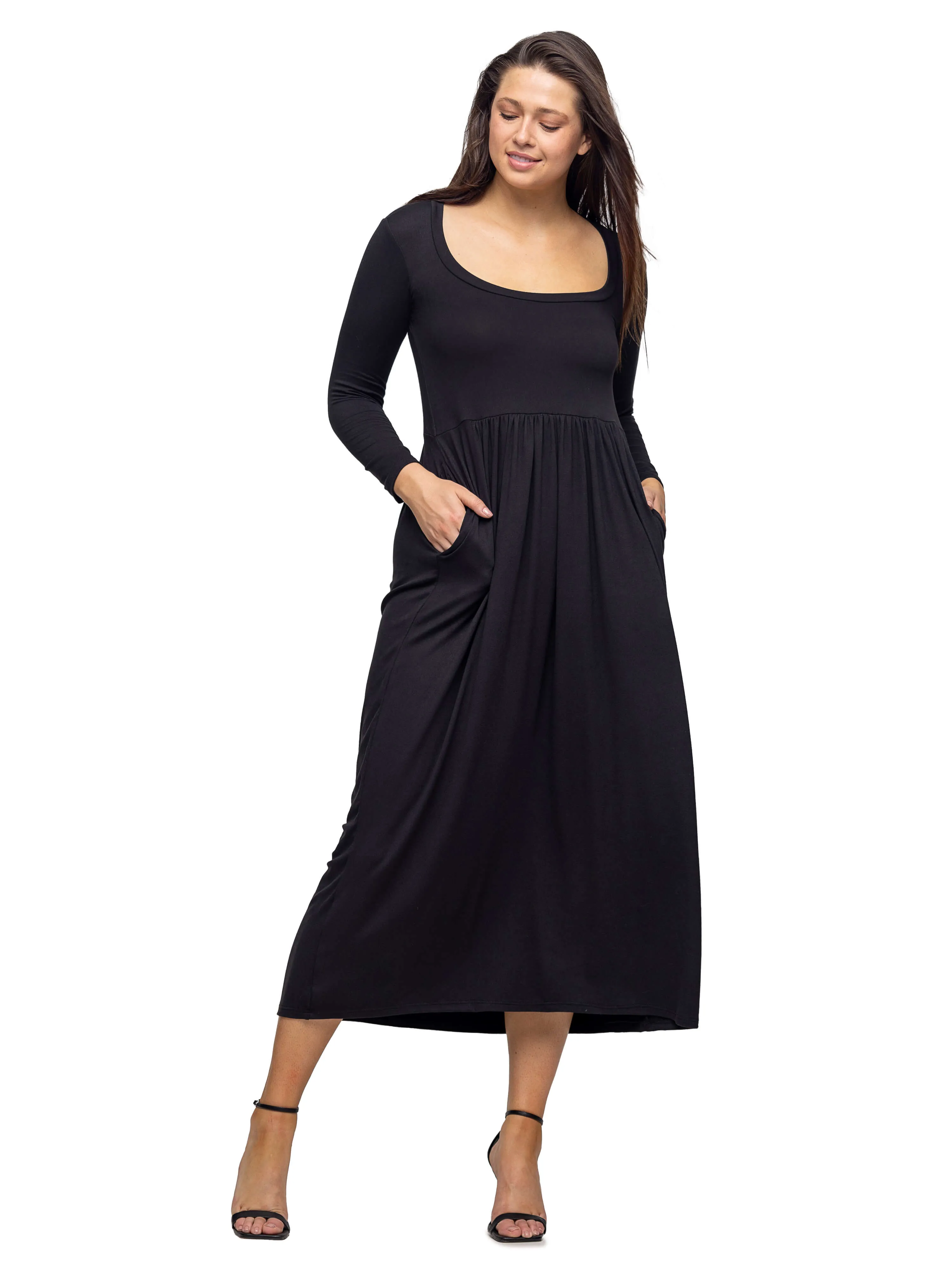 Long Sleeve Empire Waist Pocket Maxi Dress