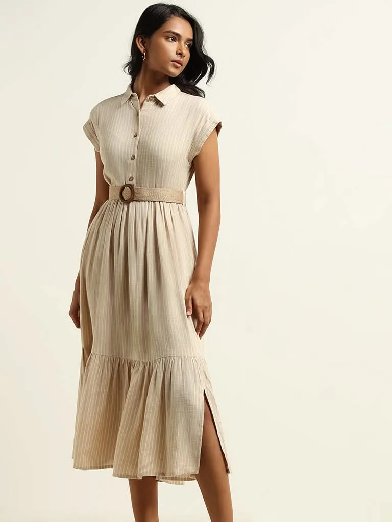 LOV Beige Collared Blended Linen Dress with Belt