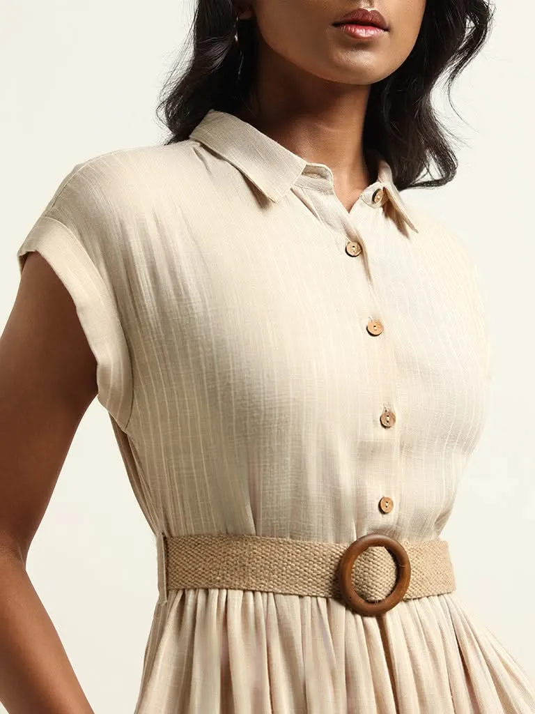 LOV Beige Collared Blended Linen Dress with Belt