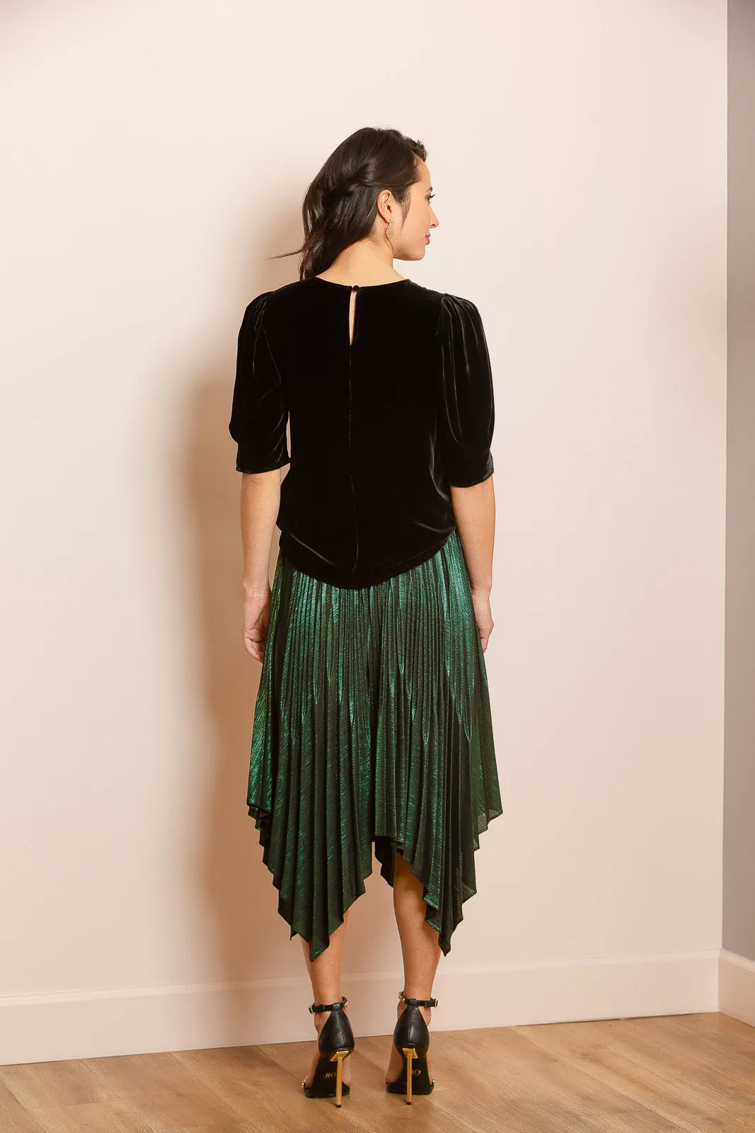 Metallic Pleated Skirt with Asymmetrical Hem in Green