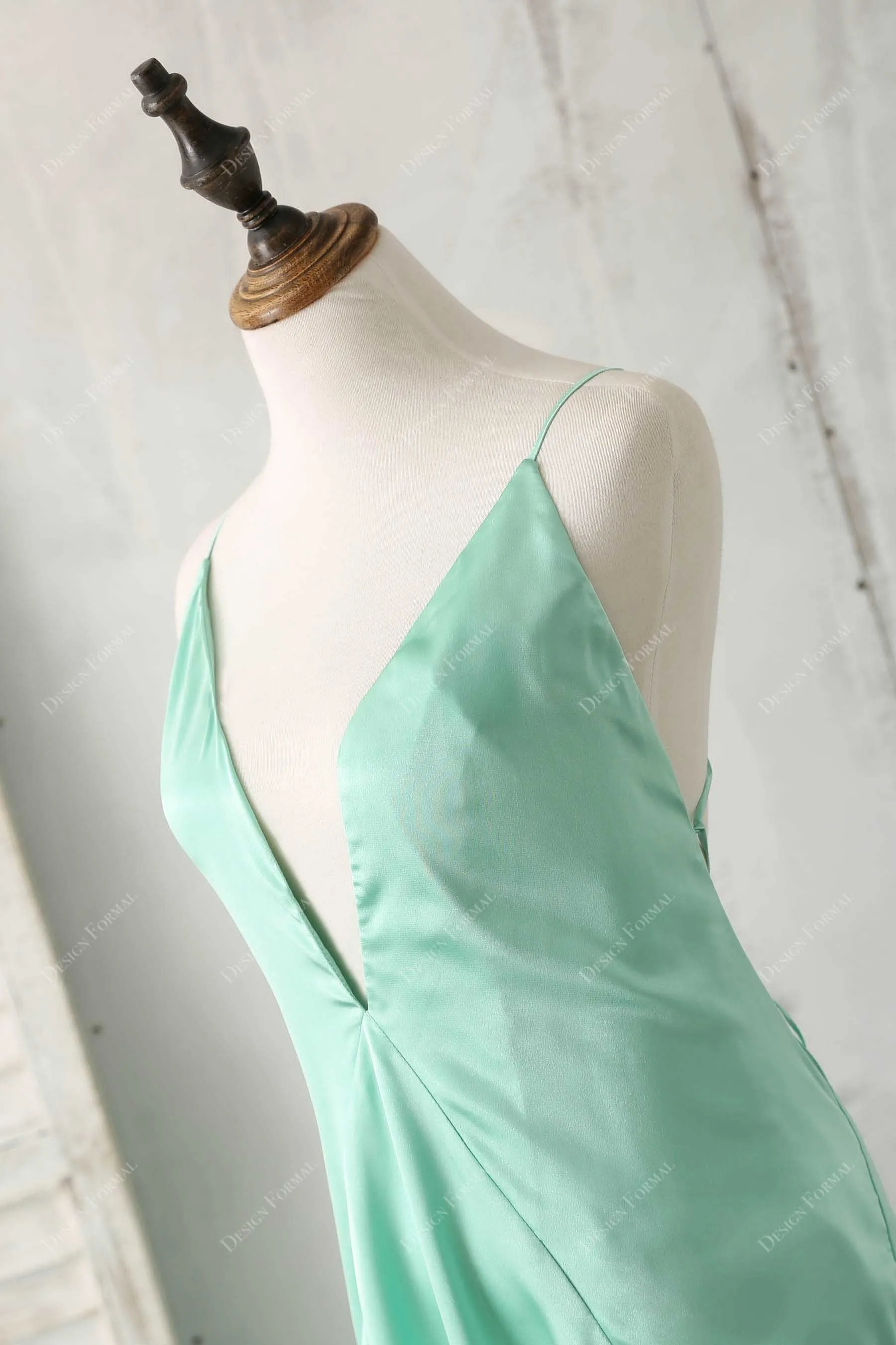 Mint Satin Sexy Plunging Slits A-line Prom Dress