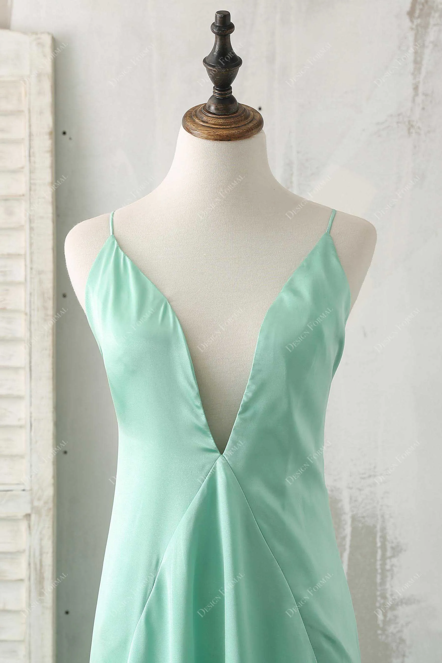 Mint Satin Sexy Plunging Slits A-line Prom Dress