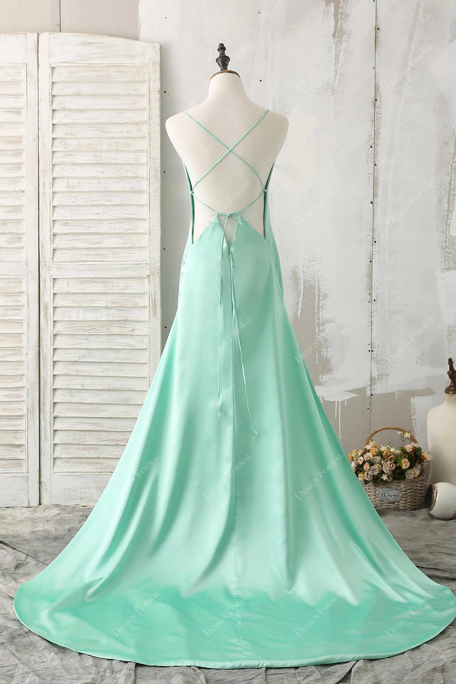 Mint Satin Sexy Plunging Slits A-line Prom Dress