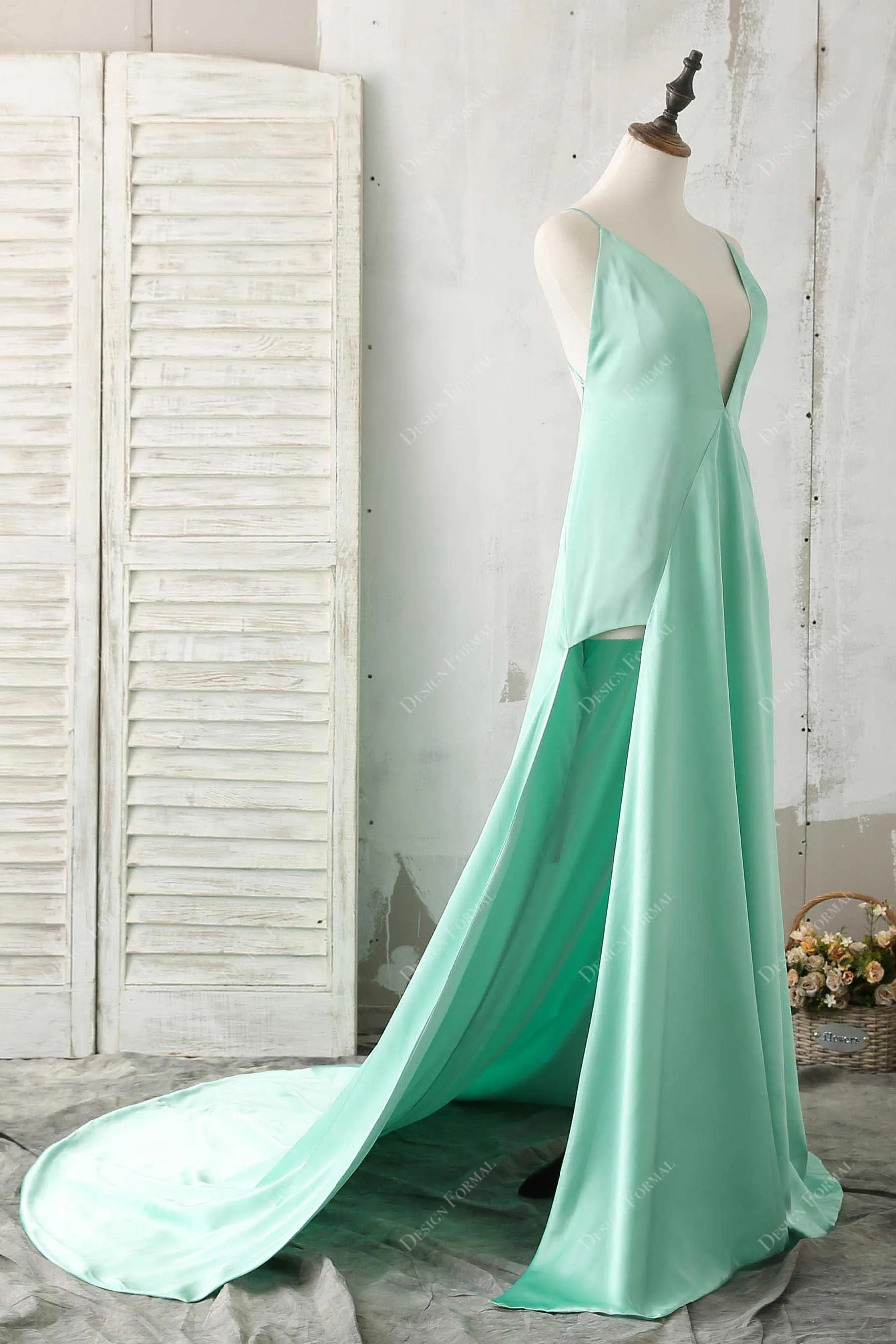 Mint Satin Sexy Plunging Slits A-line Prom Dress