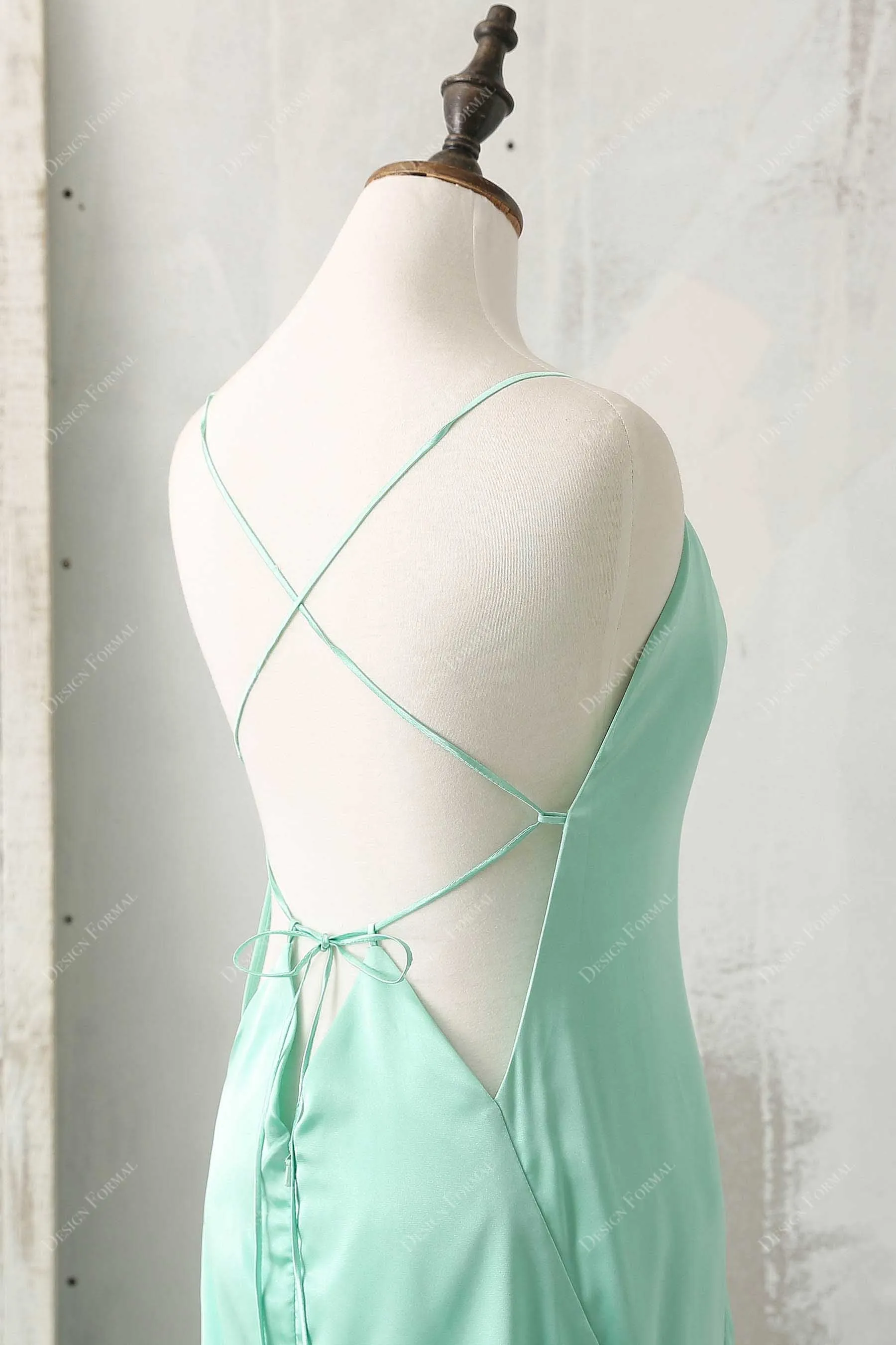 Mint Satin Sexy Plunging Slits A-line Prom Dress