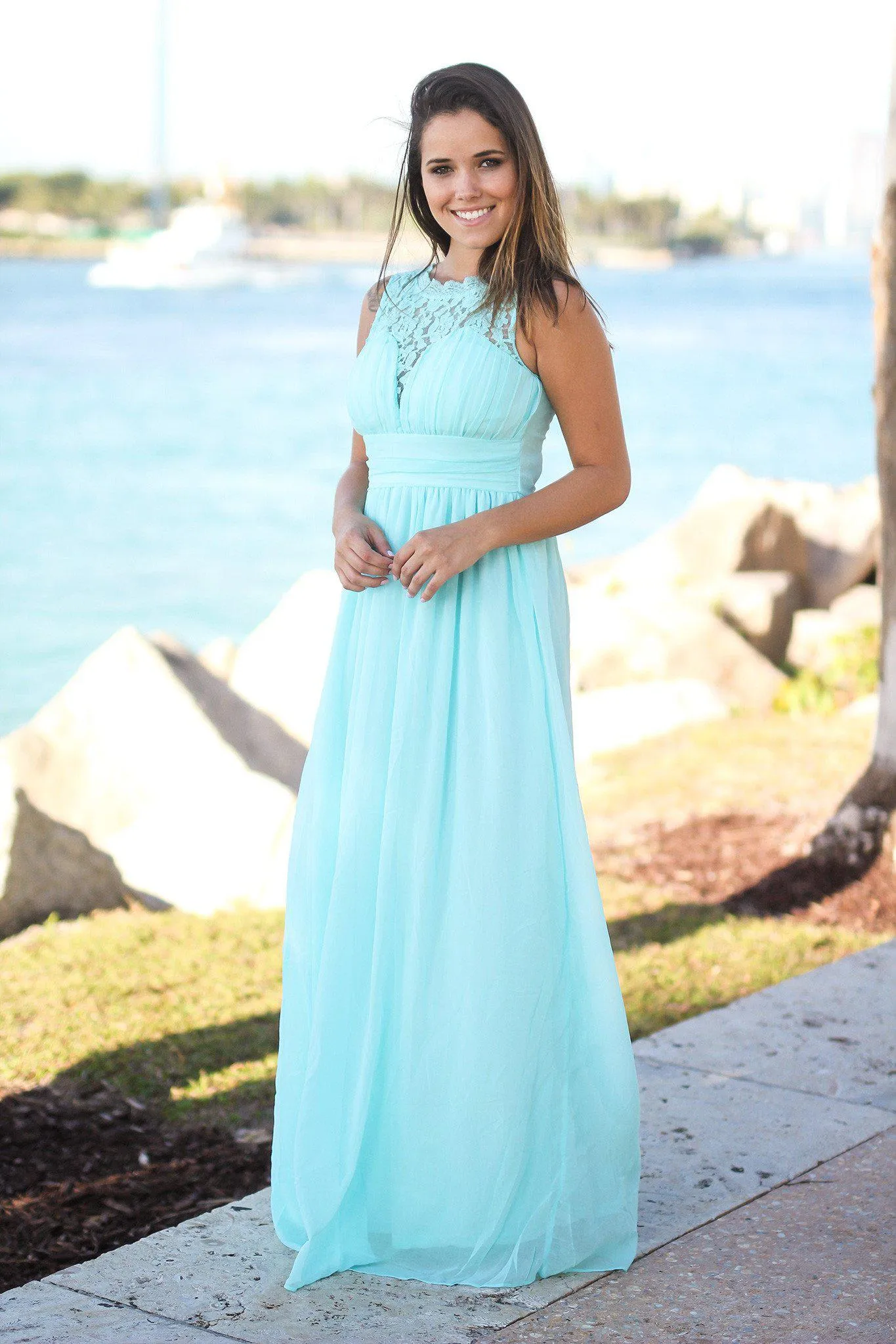 Mint Sleeveless Maxi Dress with Pleated Lace Top