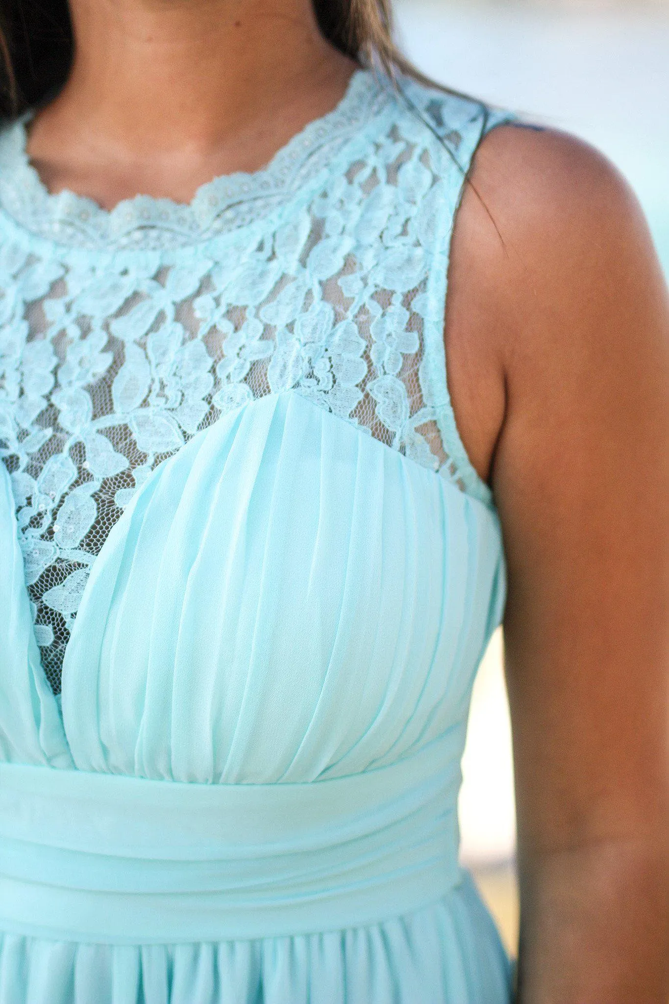 Mint Sleeveless Maxi Dress with Pleated Lace Top