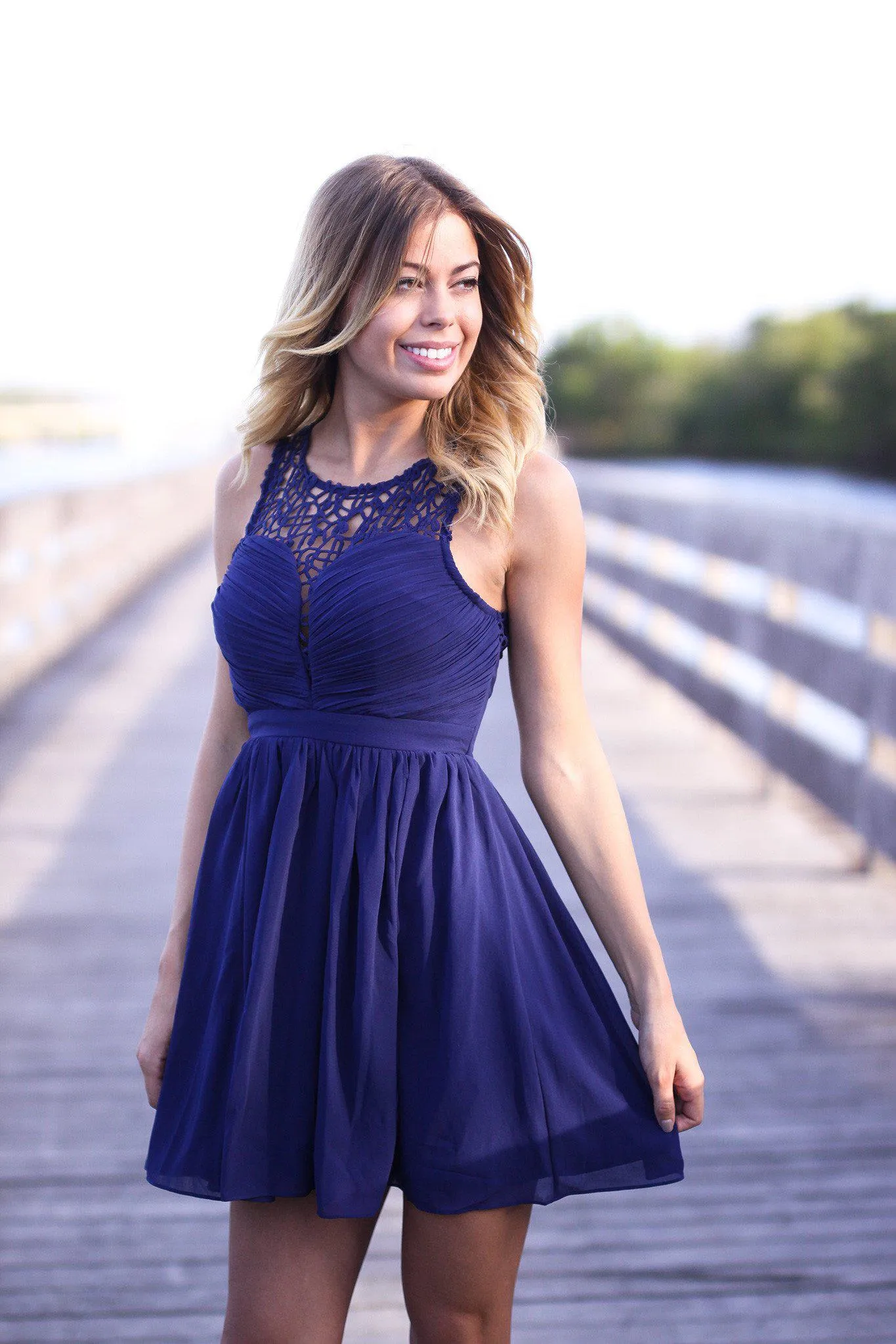 Navy Crochet Short Dress