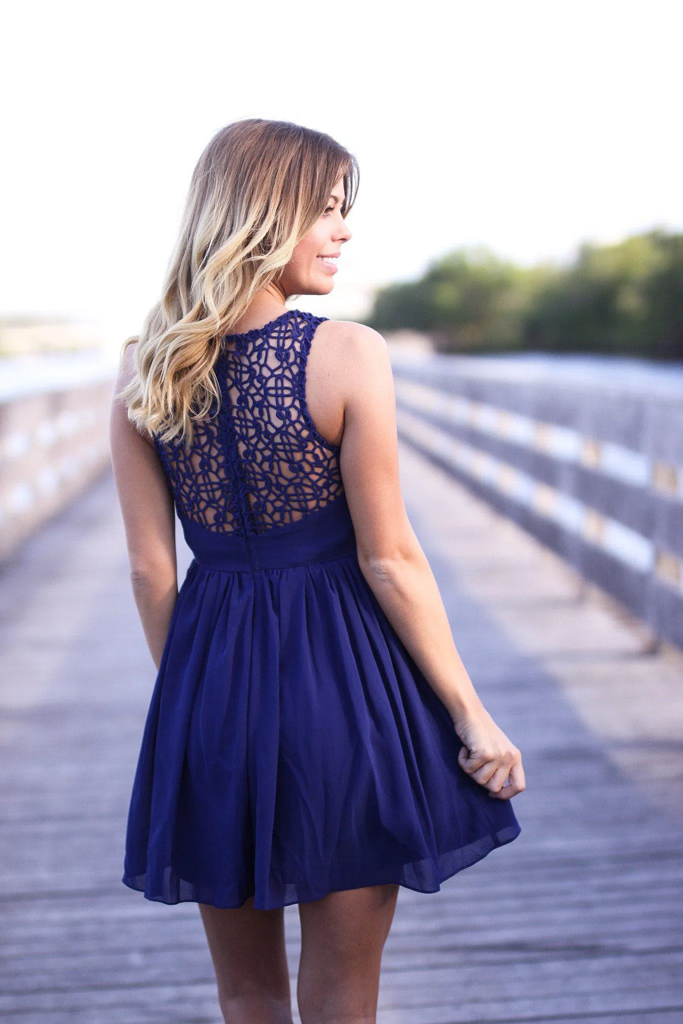 Navy Crochet Short Dress