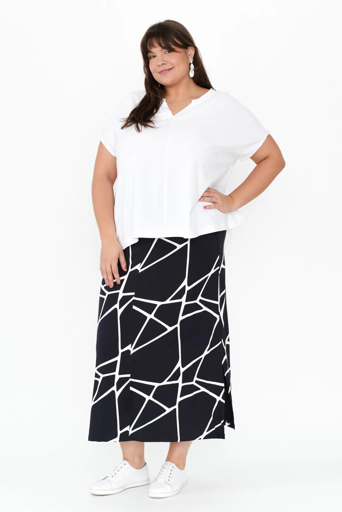 Navy Marble Micro Modal Long Panel Skirt