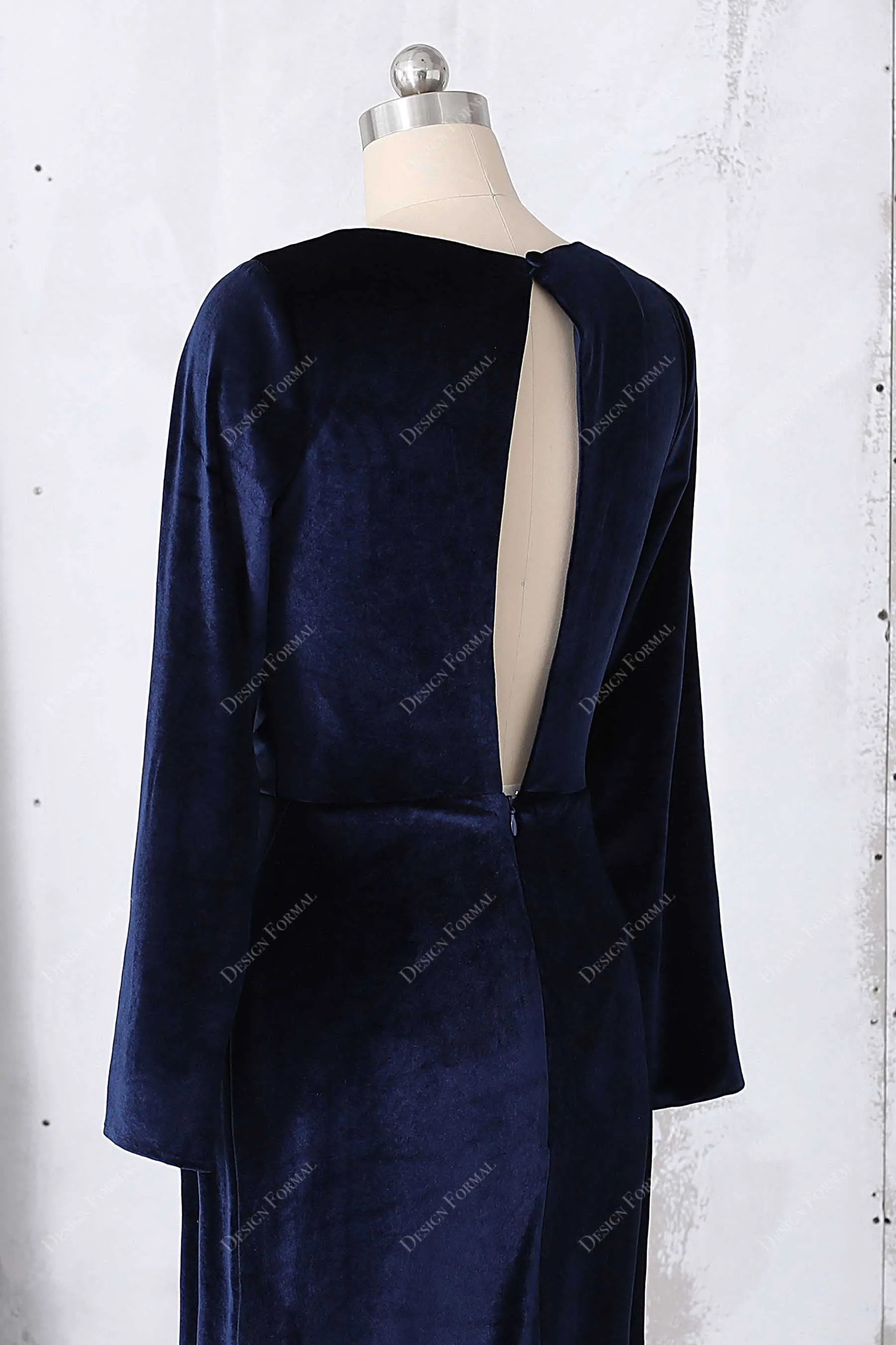 Navy Velvet Long Sleeved V-neck Wrap Slit Elegant Long Dress