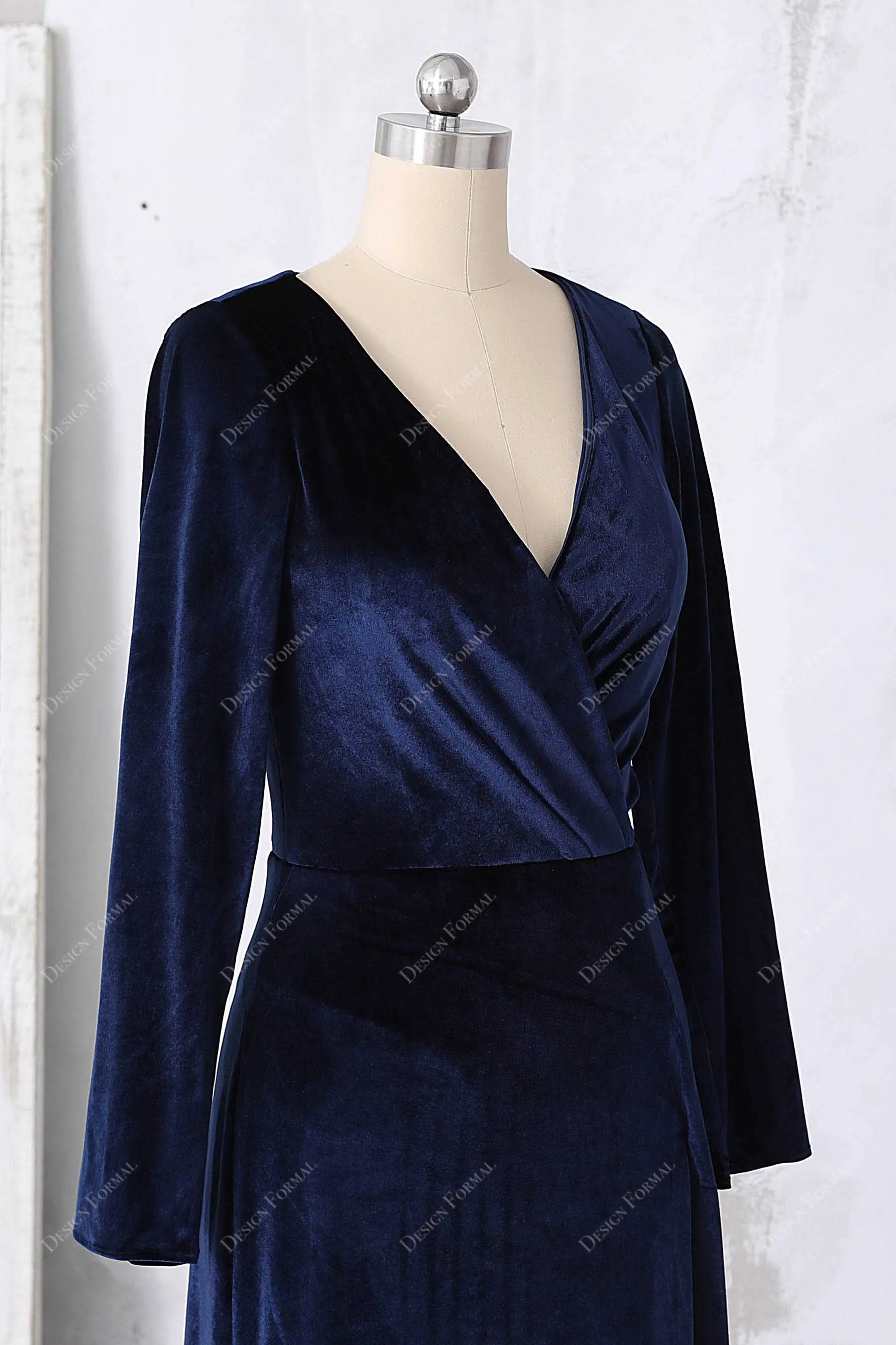 Navy Velvet Long Sleeved V-neck Wrap Slit Elegant Long Dress