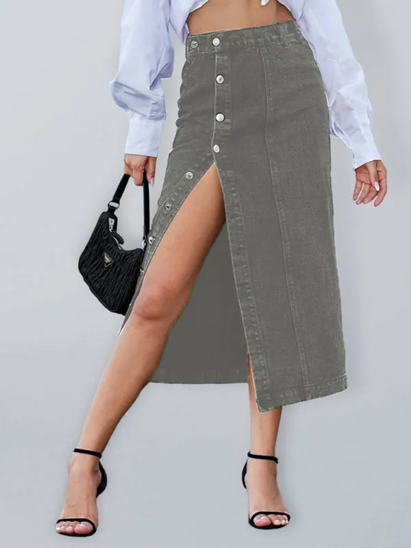 New Button Irregular Slit Denim High Waist Skirt