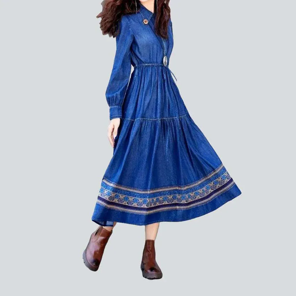 Ornamented flared denim dress