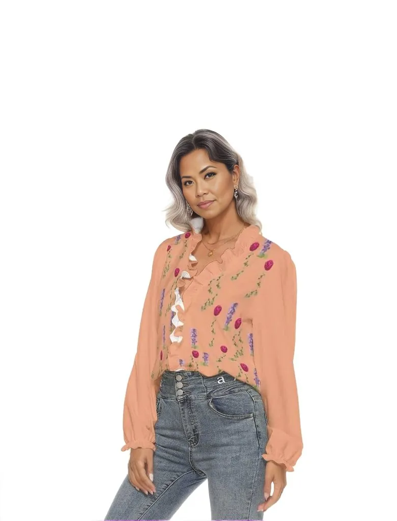 Peach Floral Womens Pleated Collar V-neck Shirt