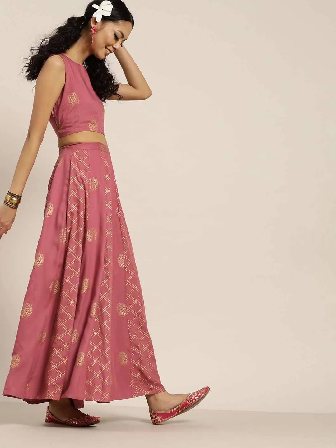 Pink Sleevelesss Crop Top With Anarkali Skirt