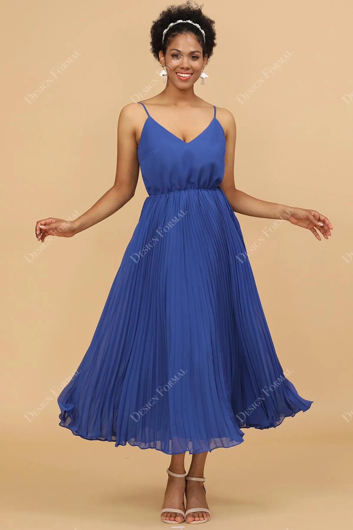 Pleated A-line Chiffon Tea Length Royal Blue Custom Dress