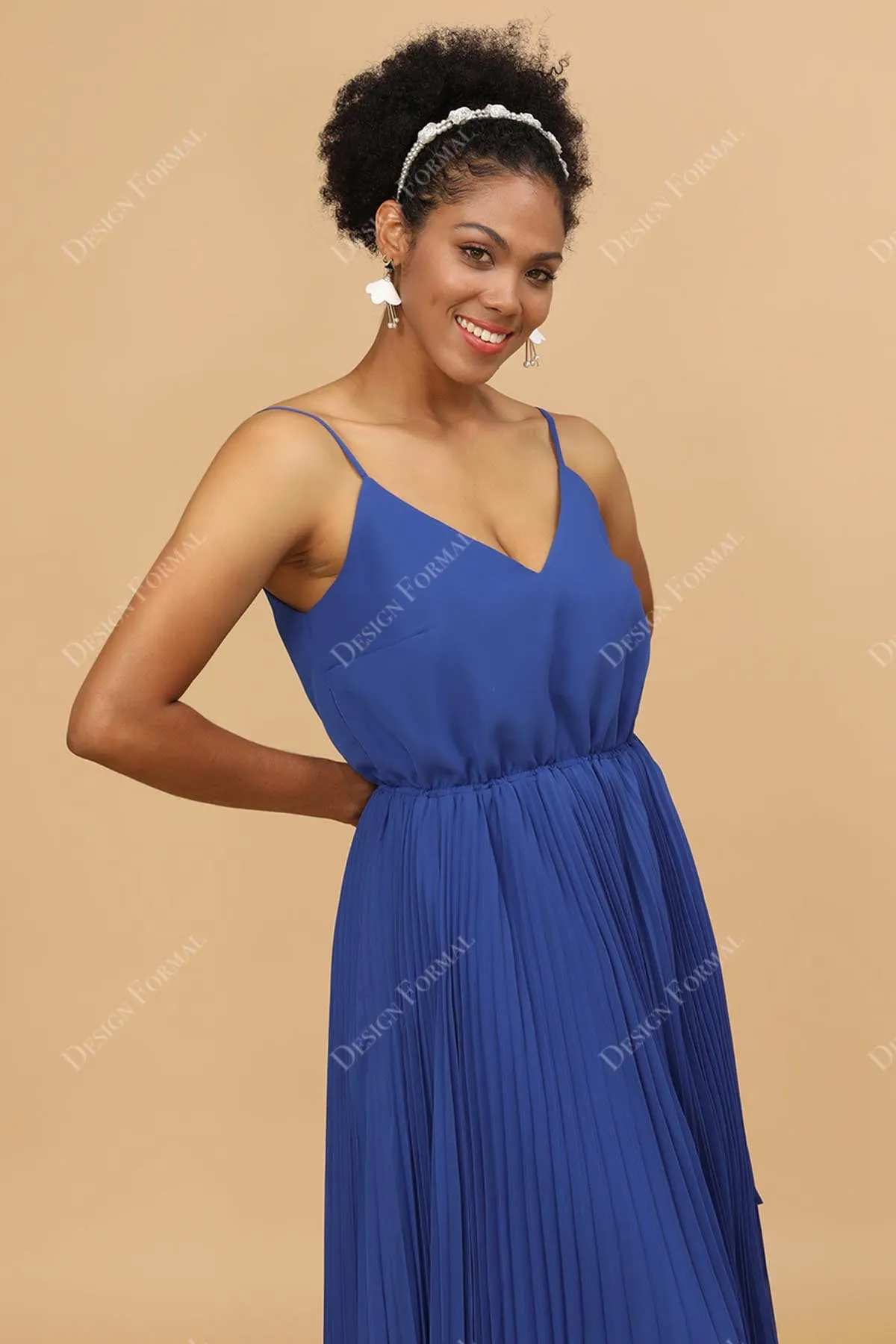 Pleated A-line Chiffon Tea Length Royal Blue Custom Dress