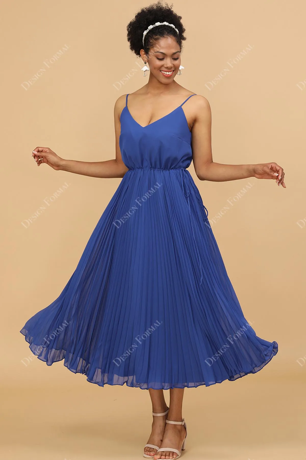 Pleated A-line Chiffon Tea Length Royal Blue Custom Dress