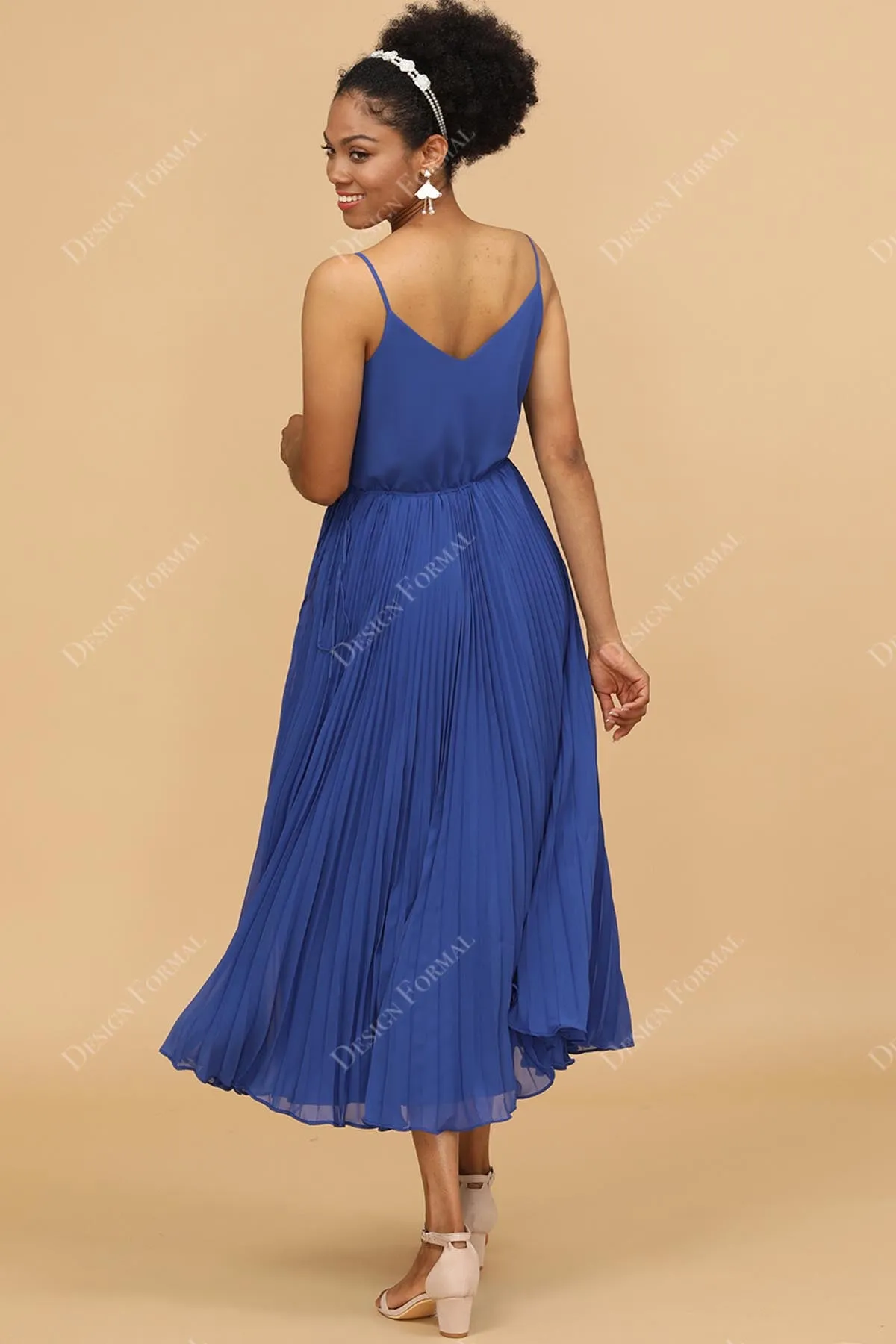 Pleated A-line Chiffon Tea Length Royal Blue Custom Dress