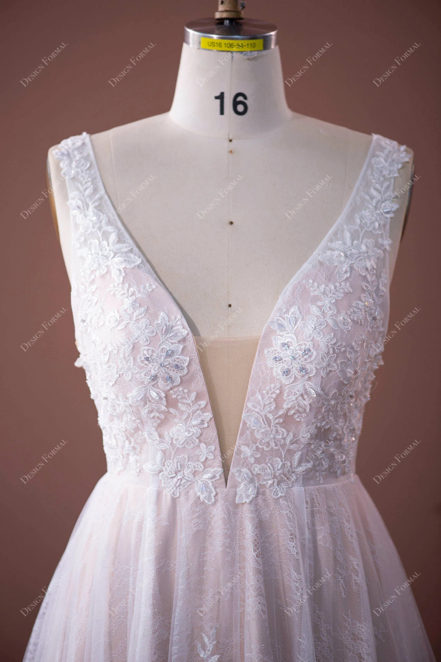 Plus Size Beaded Lace Elegant Plunging Nude A-line Wedding Dress