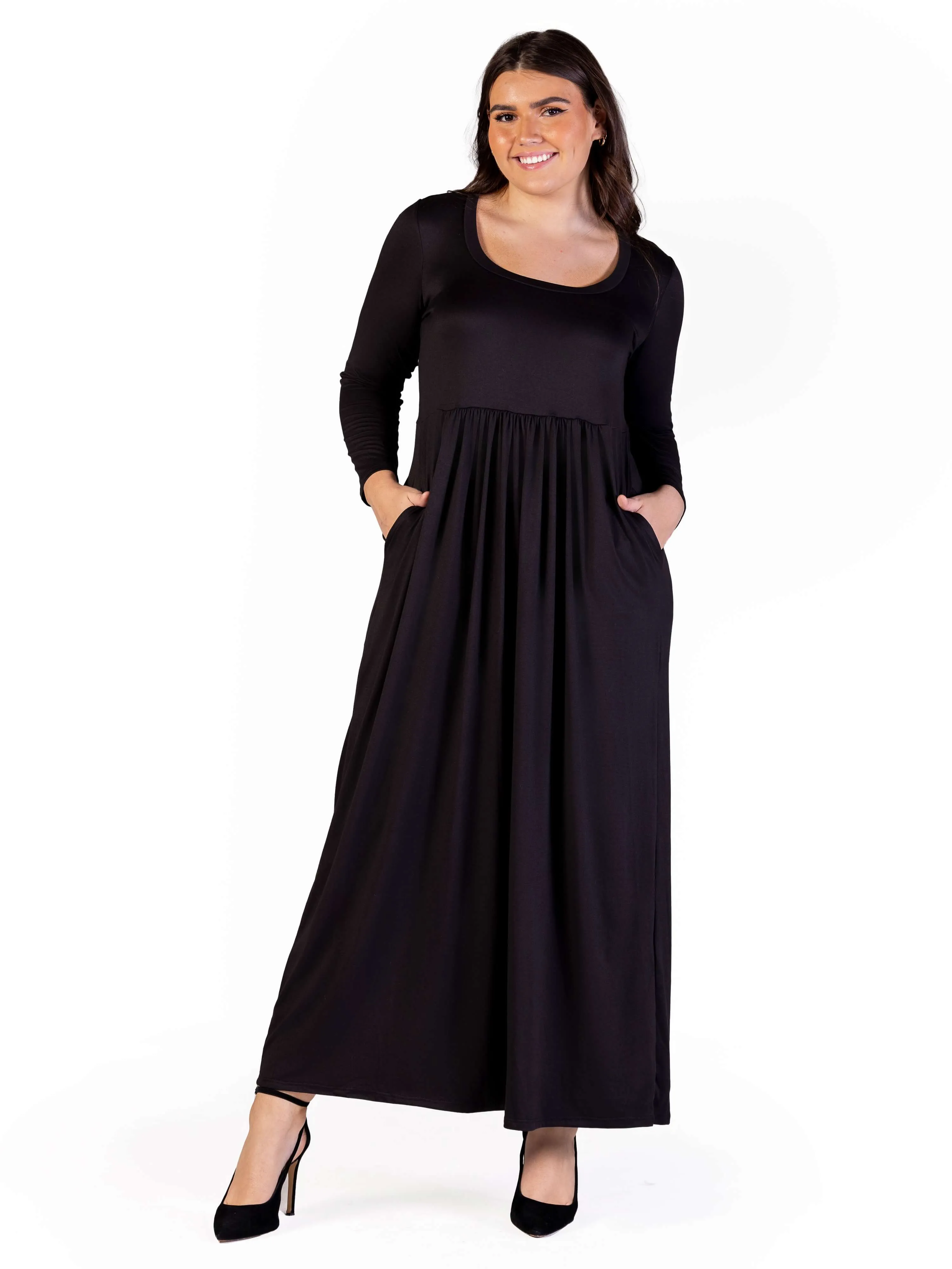 Plus Size Long Sleeve Empire Waist Pocket Maxi Dress