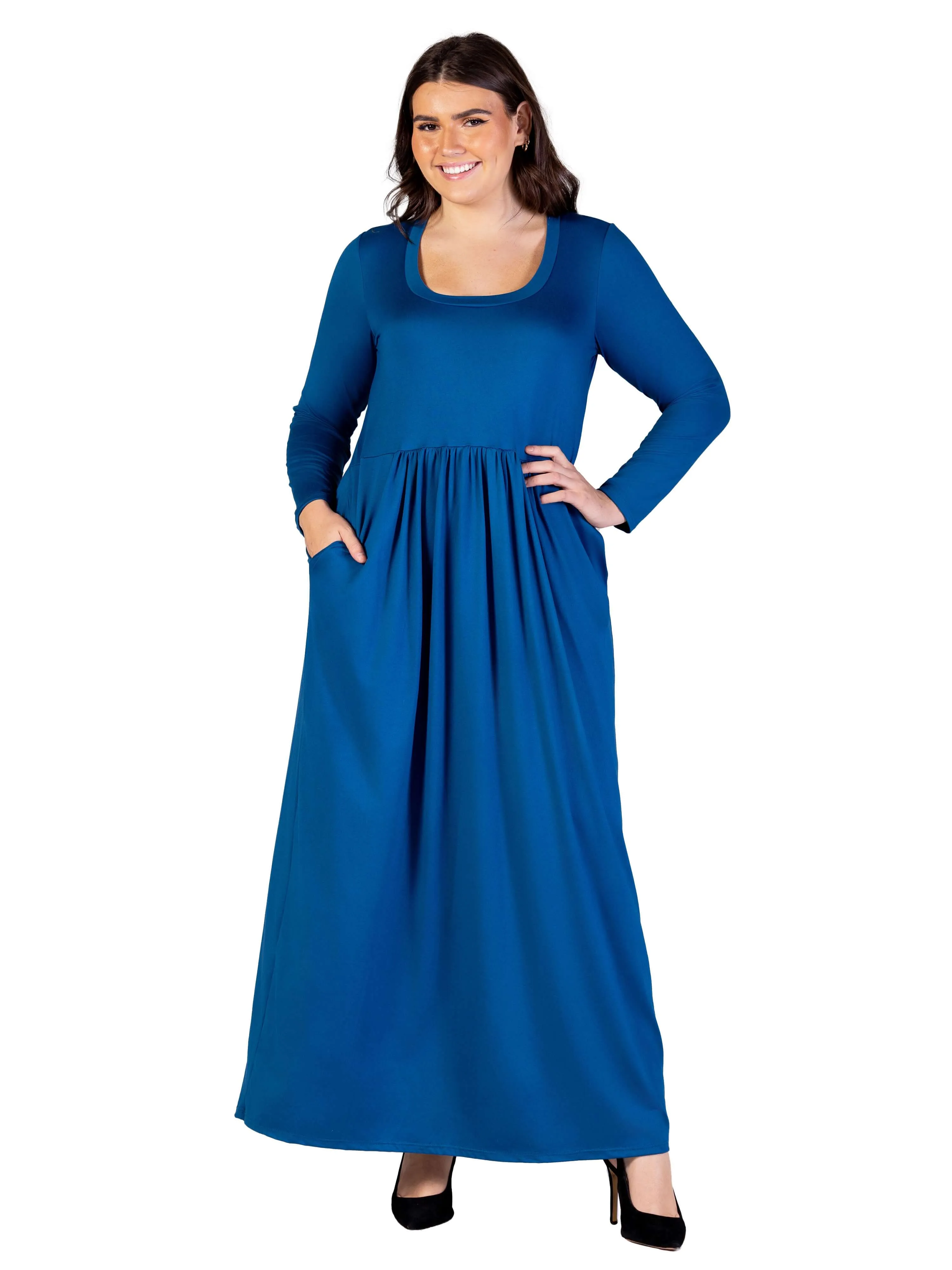 Plus Size Long Sleeve Empire Waist Pocket Maxi Dress