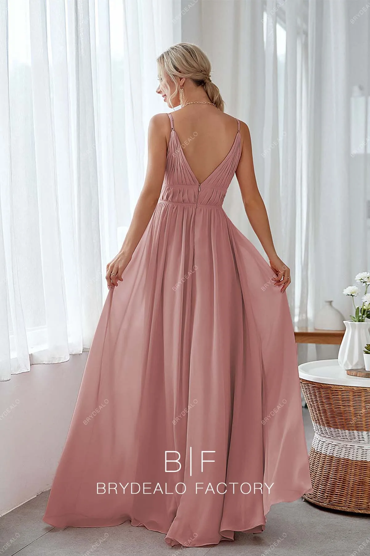 Popular Dusty Rose Chiffon Plunging A-line Long Dress