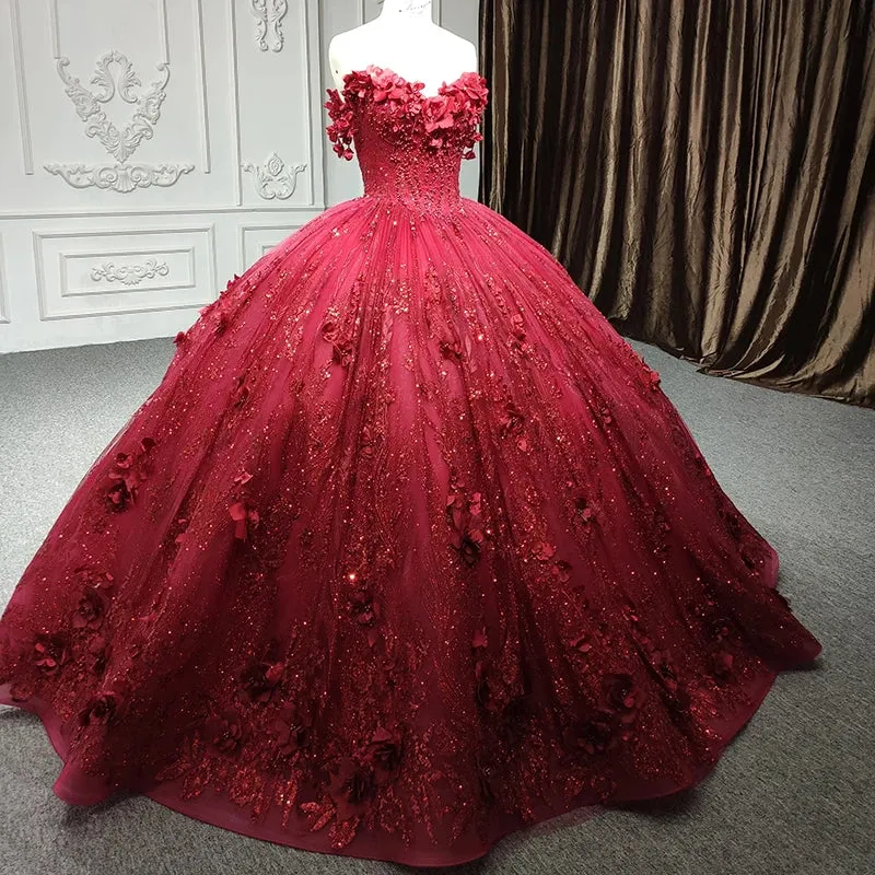 Red Quinceanera Dress Ball Gown Sequined Flowers