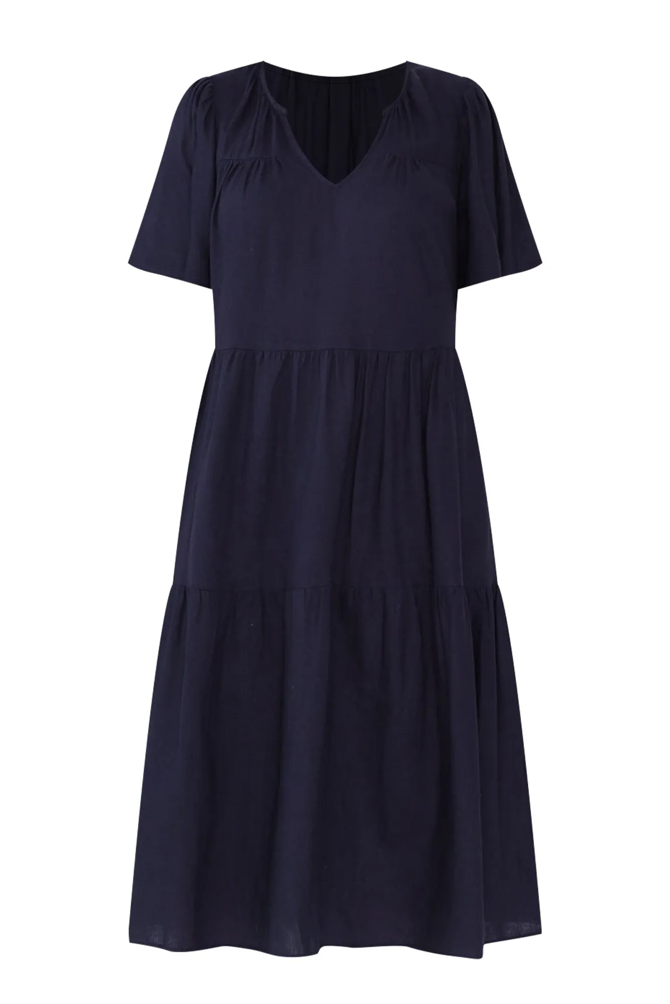 Regina Navy Linen Blend Tier Dress