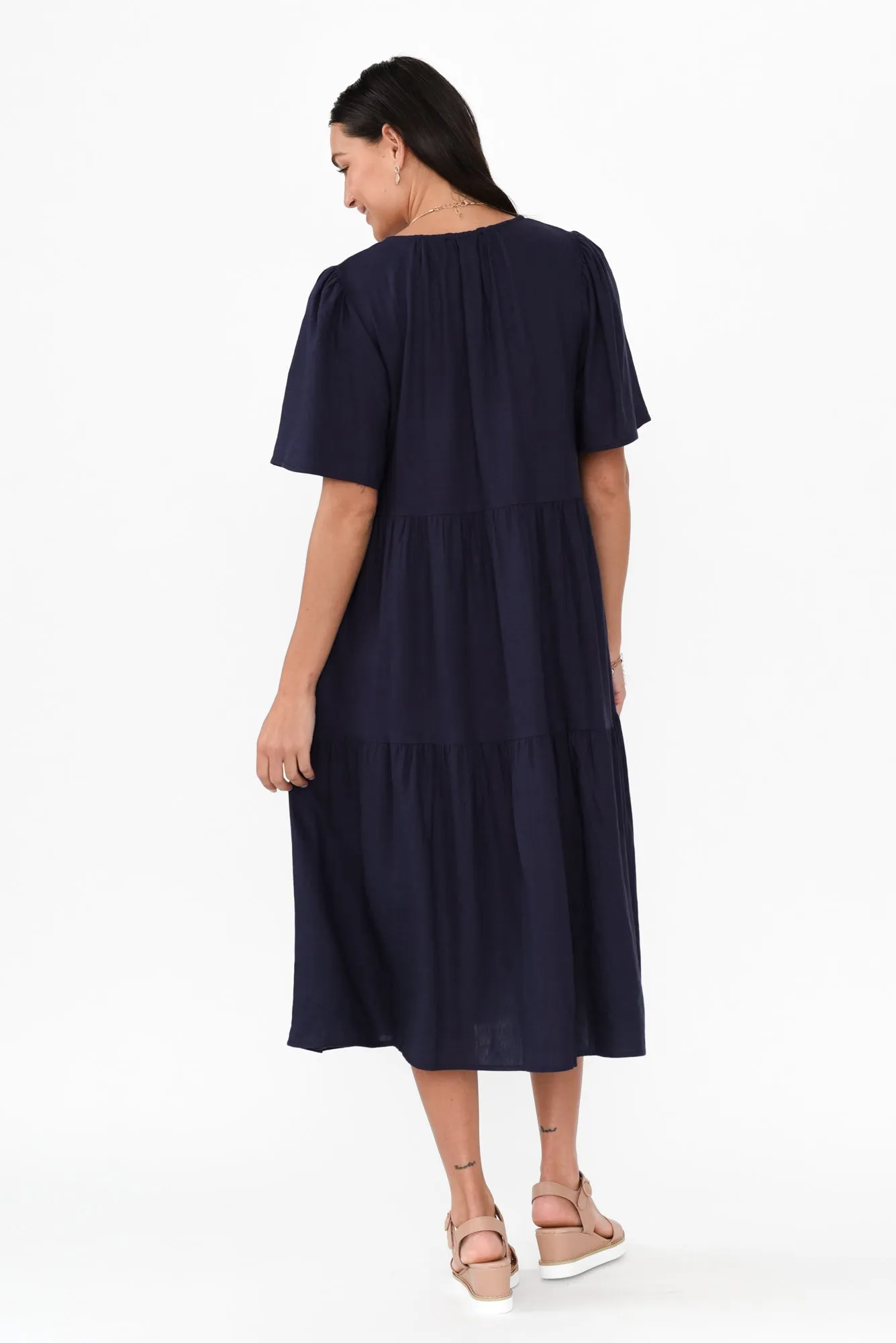 Regina Navy Linen Blend Tier Dress