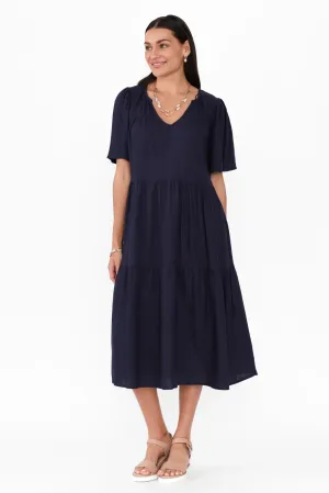 Regina Navy Linen Blend Tier Dress