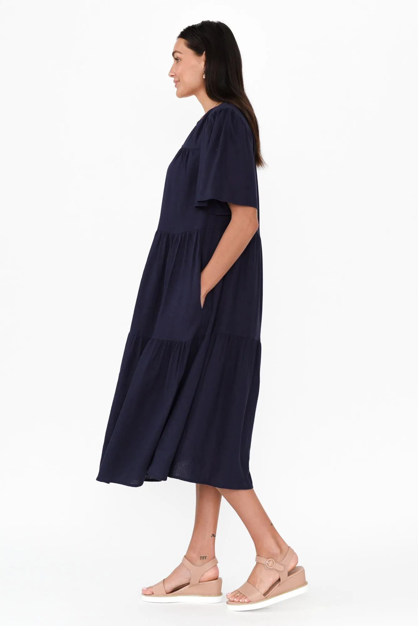 Regina Navy Linen Blend Tier Dress