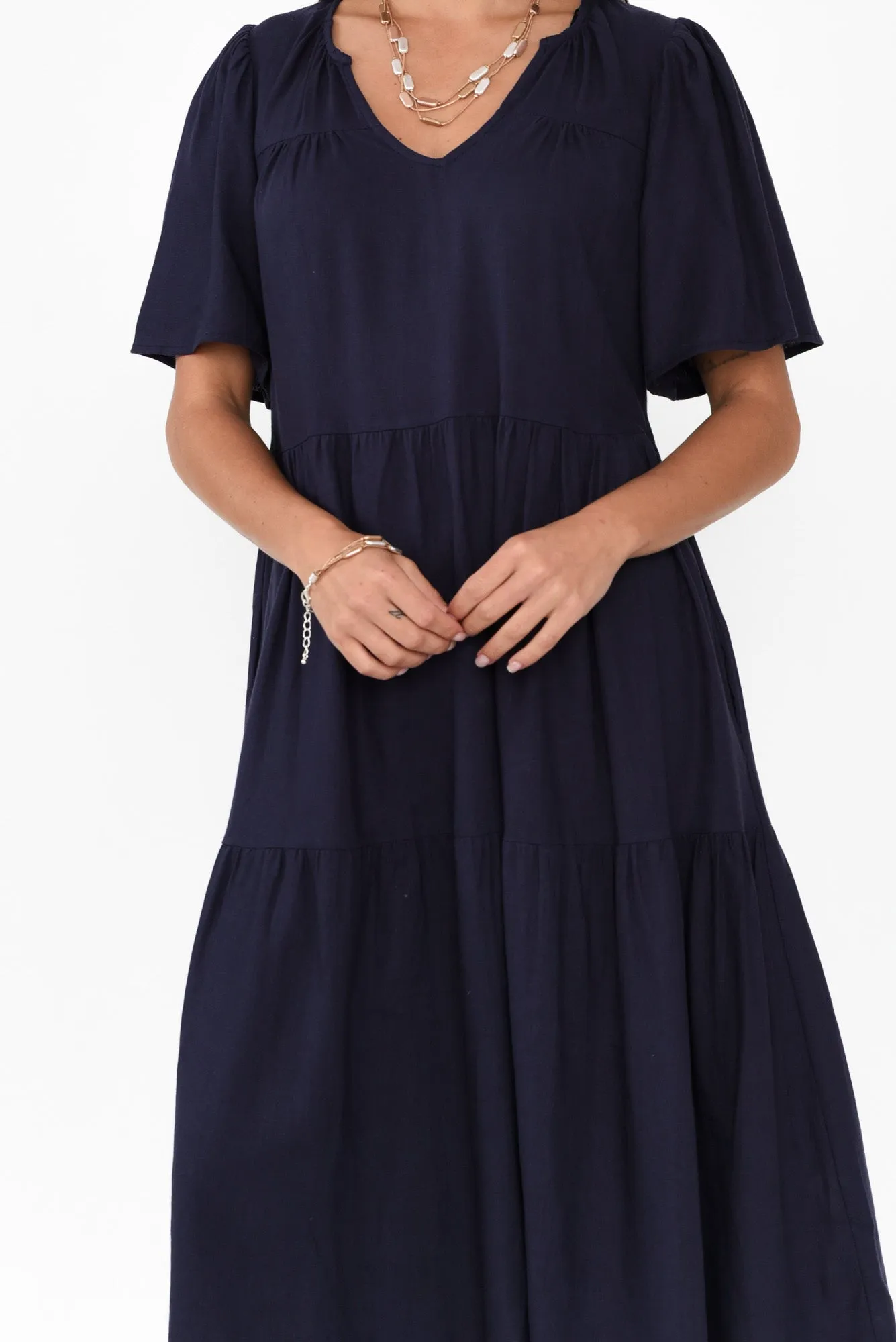 Regina Navy Linen Blend Tier Dress