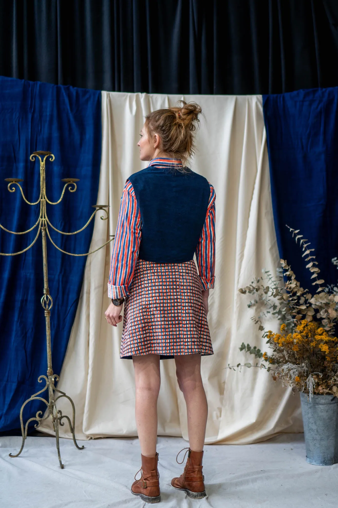 Reversible Wrap Skirt - Dark Indigo and Blue and Orange Waffle Print