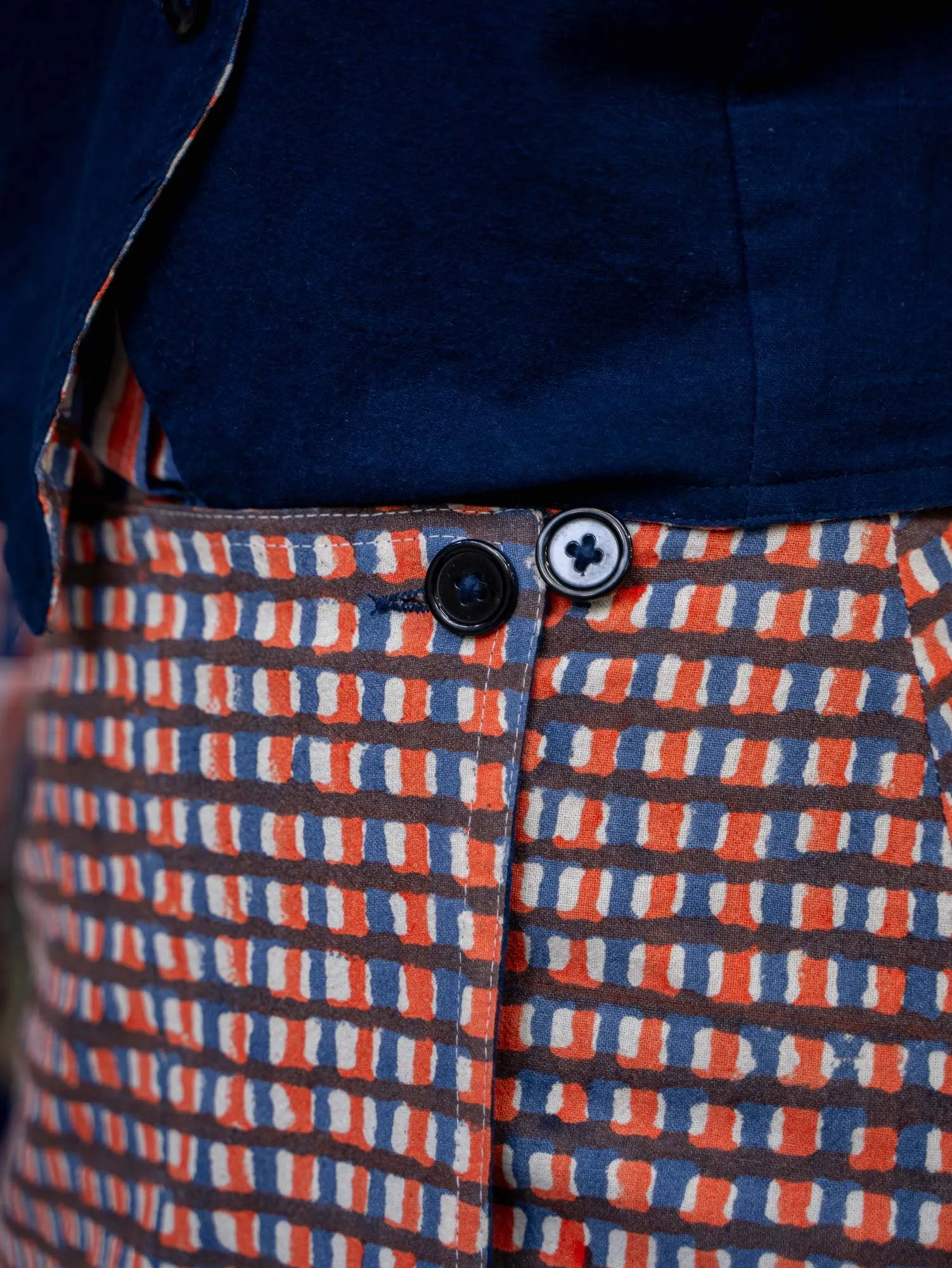 Reversible Wrap Skirt - Dark Indigo and Blue and Orange Waffle Print