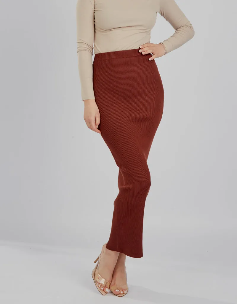 Ribbed Knit Skirt - Shades of Brown