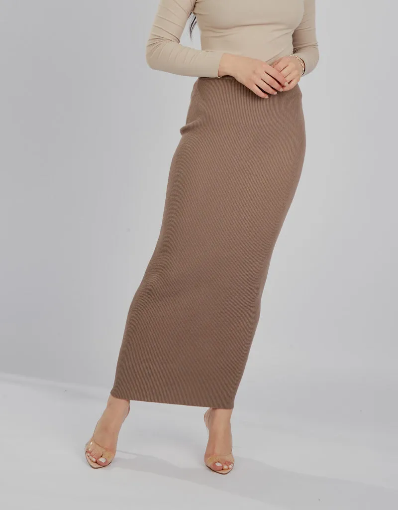 Ribbed Knit Skirt - Shades of Brown