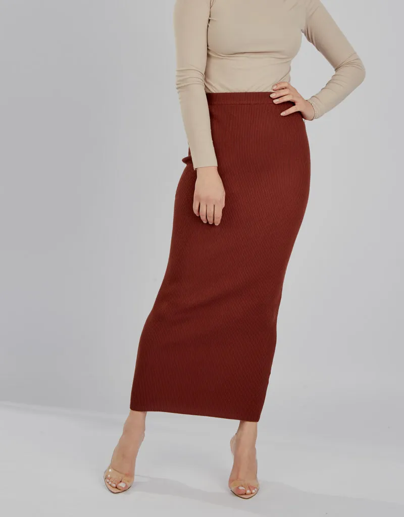 Ribbed Knit Skirt - Shades of Brown