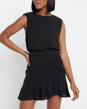 Ruched Ruffle Hem Mini Dress in Pitch Black