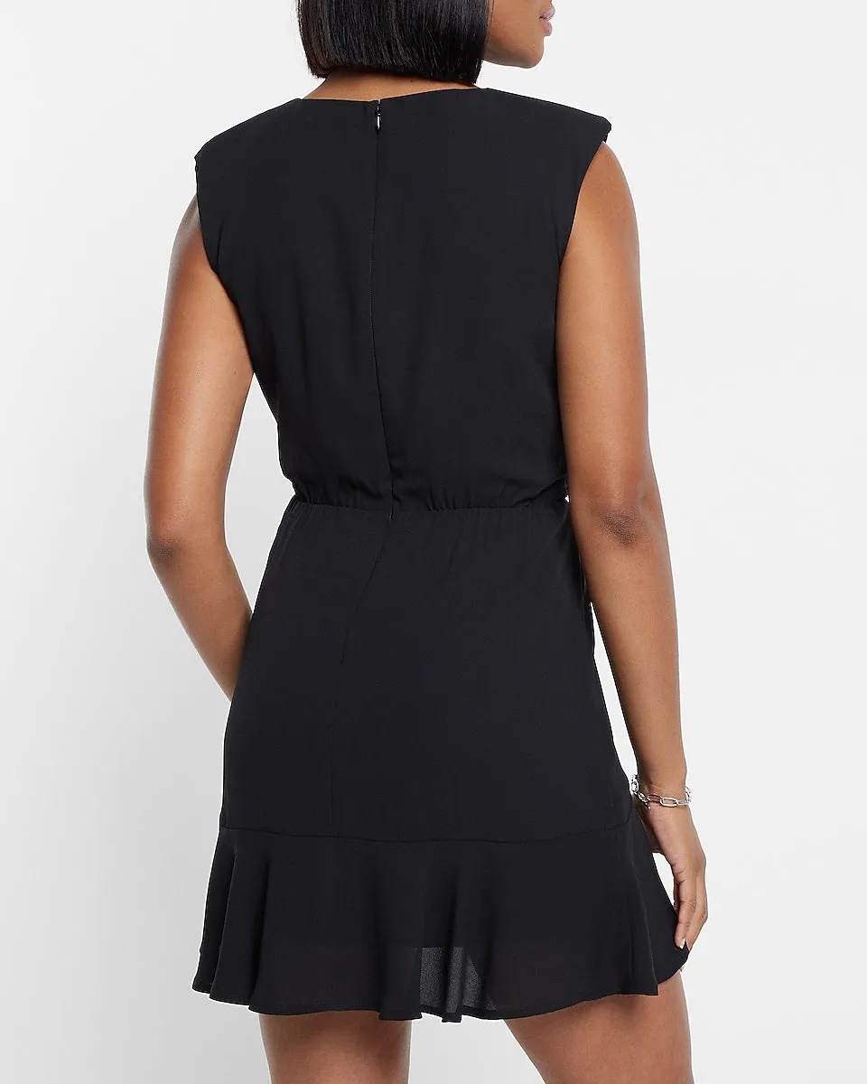 Ruched Ruffle Hem Mini Dress in Pitch Black