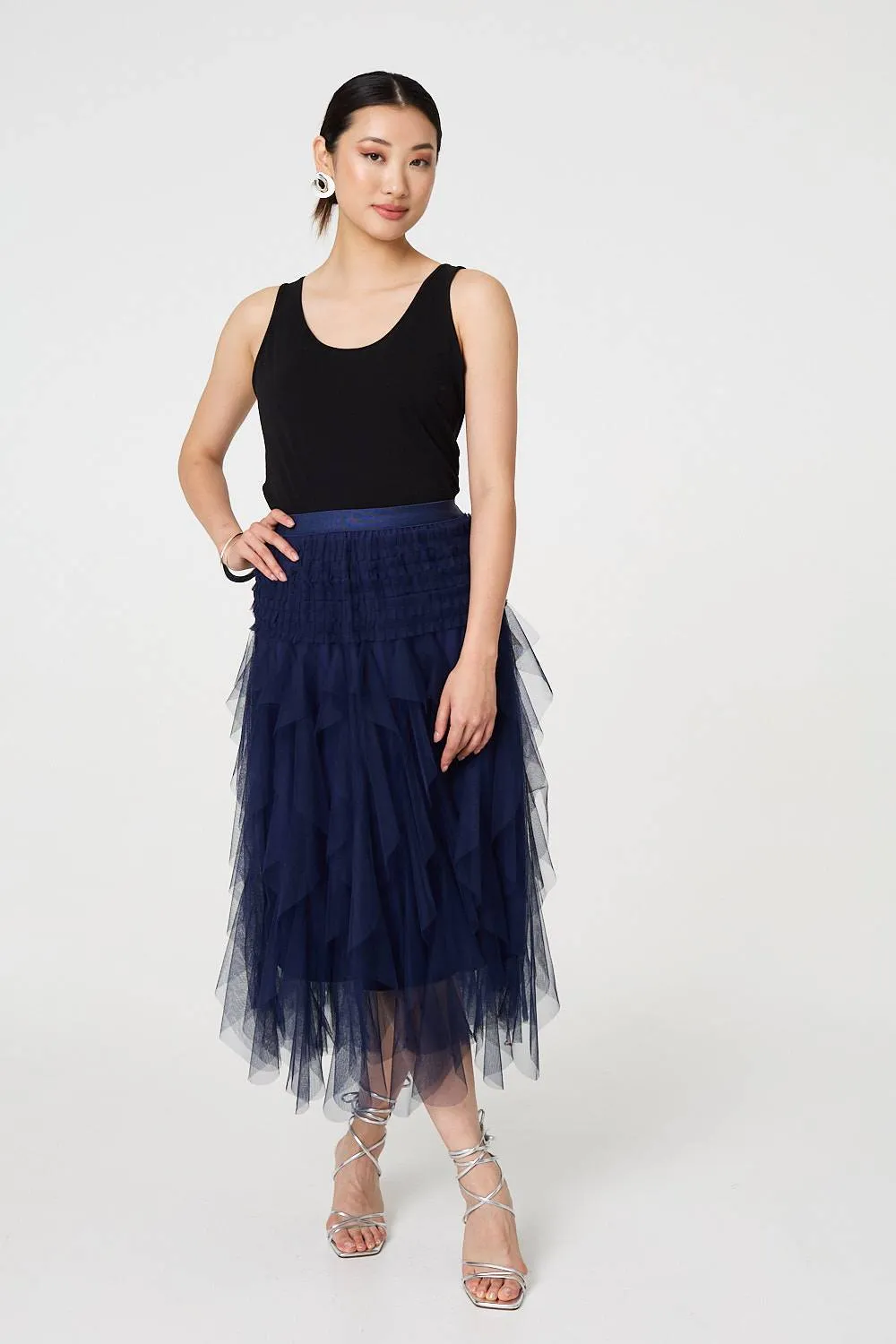 Ruffled Sheer Mesh High Waist Midi Skirt