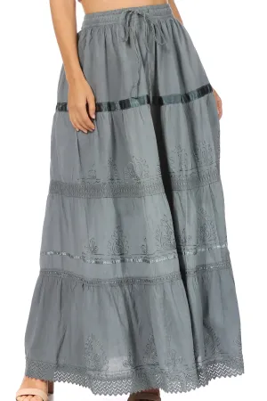 Sakkas Solid Embroidered Gypsy / Bohemian Full / Maxi / Long Cotton Skirt