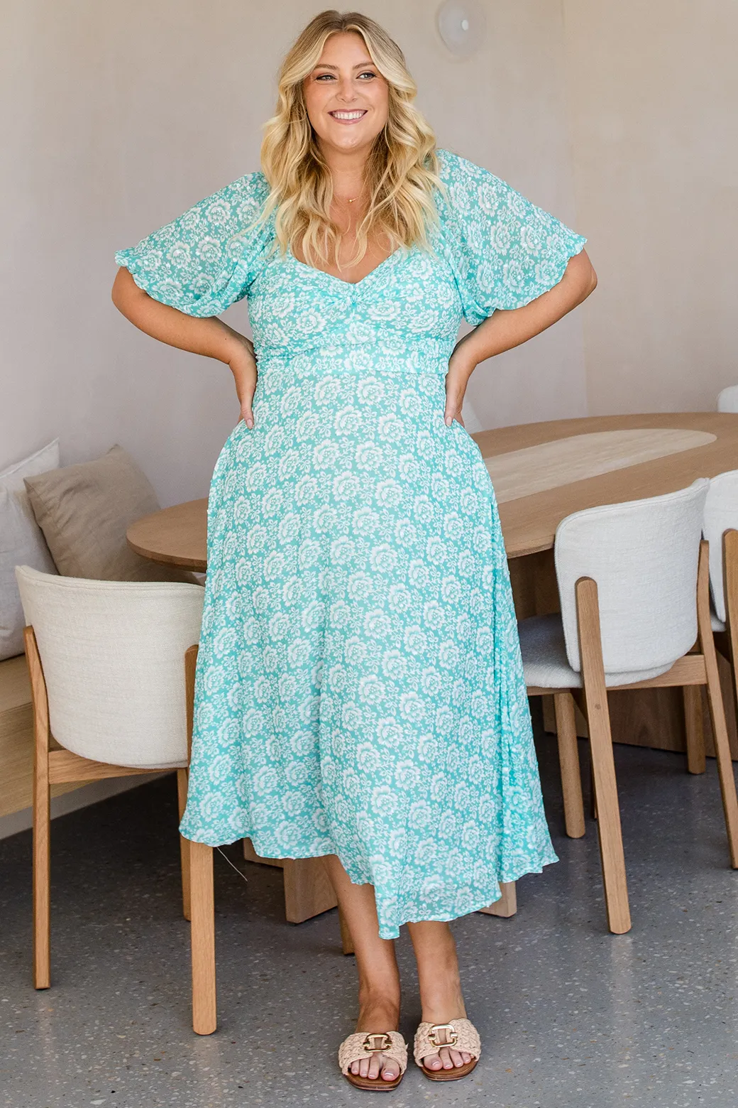 Seraphina Midi Dress Sea Green Dahlia Print