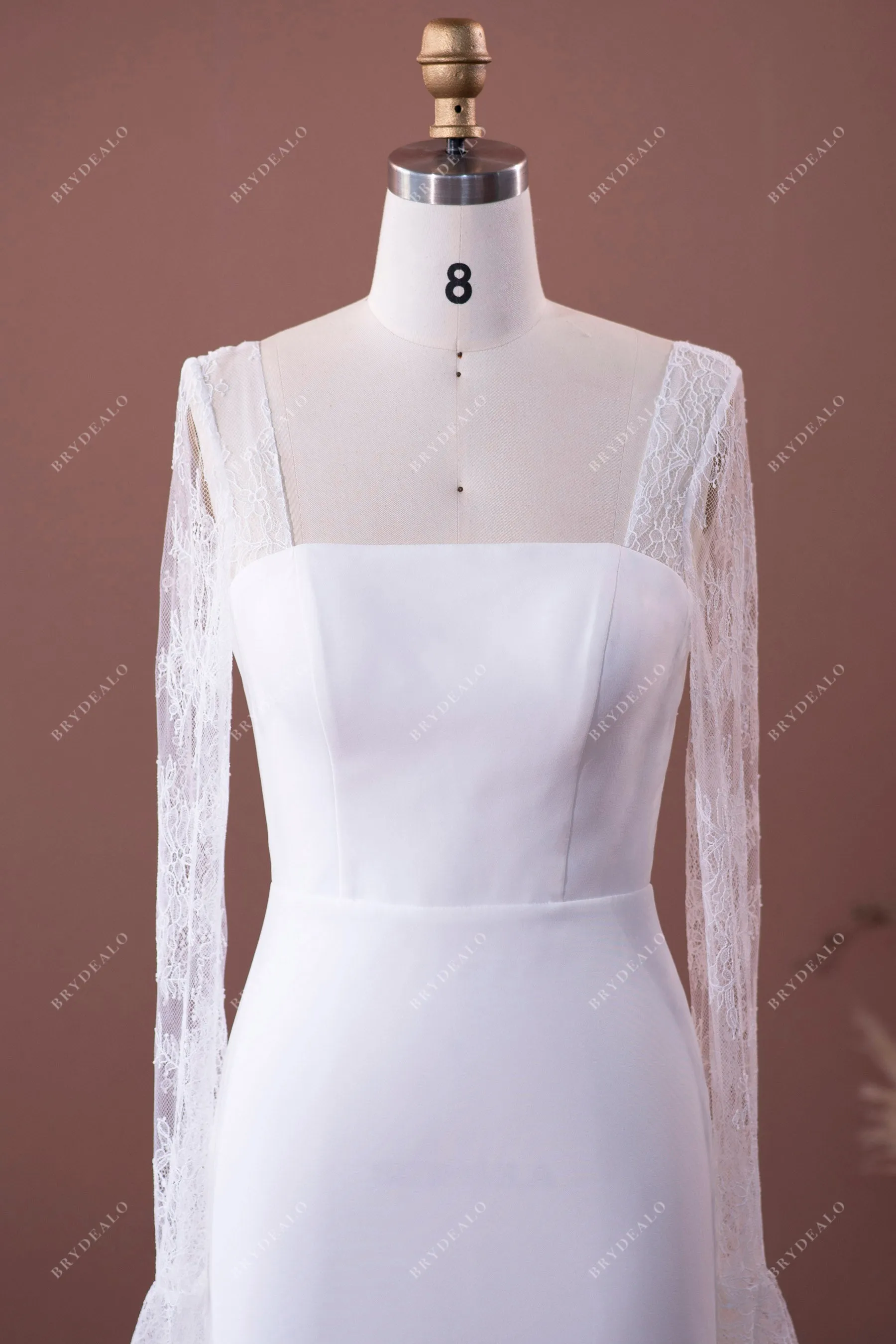 Sheer Lace Sleeved Elegant Crepe Mermaid Wedding Dress