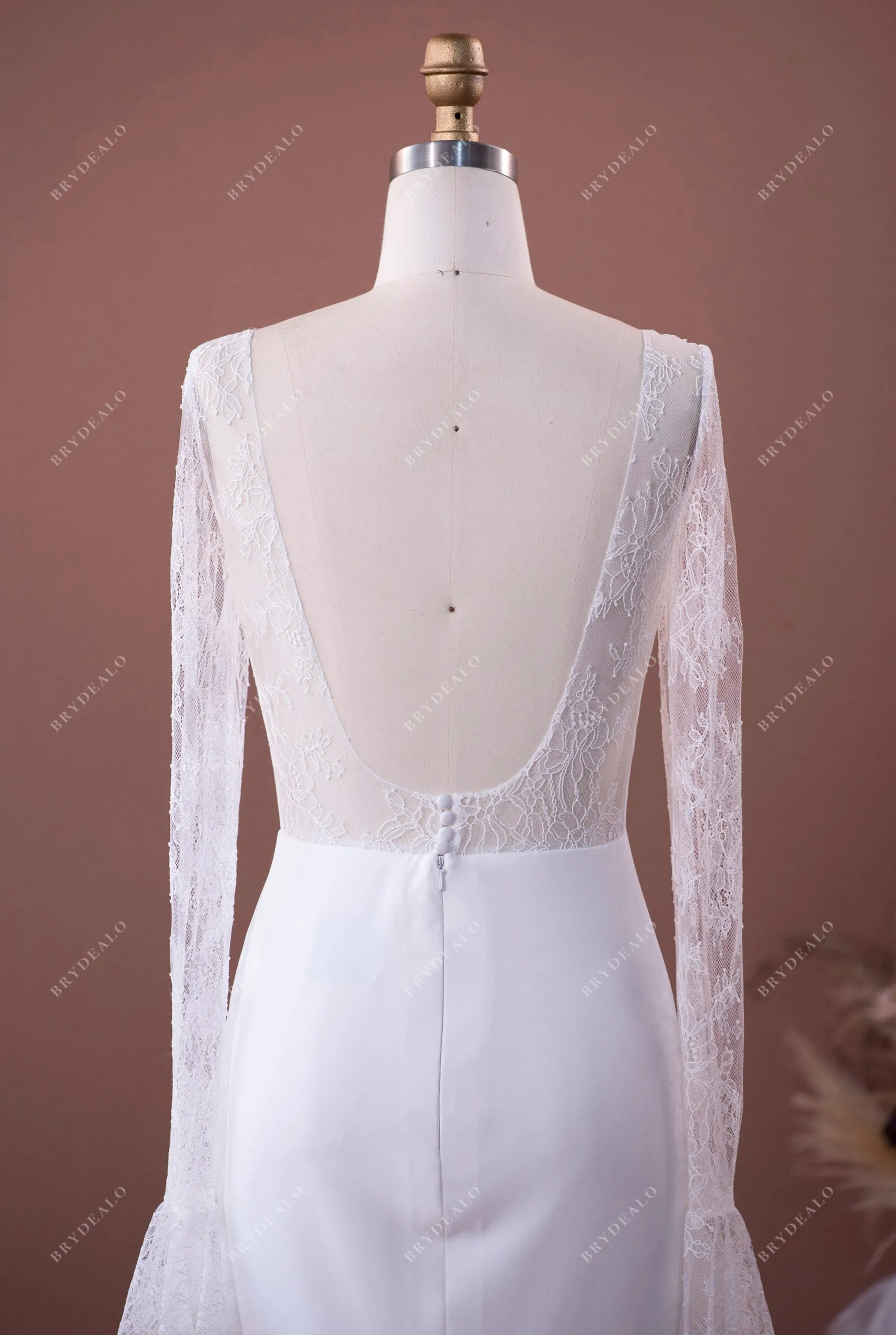 Sheer Lace Sleeved Elegant Crepe Mermaid Wedding Dress