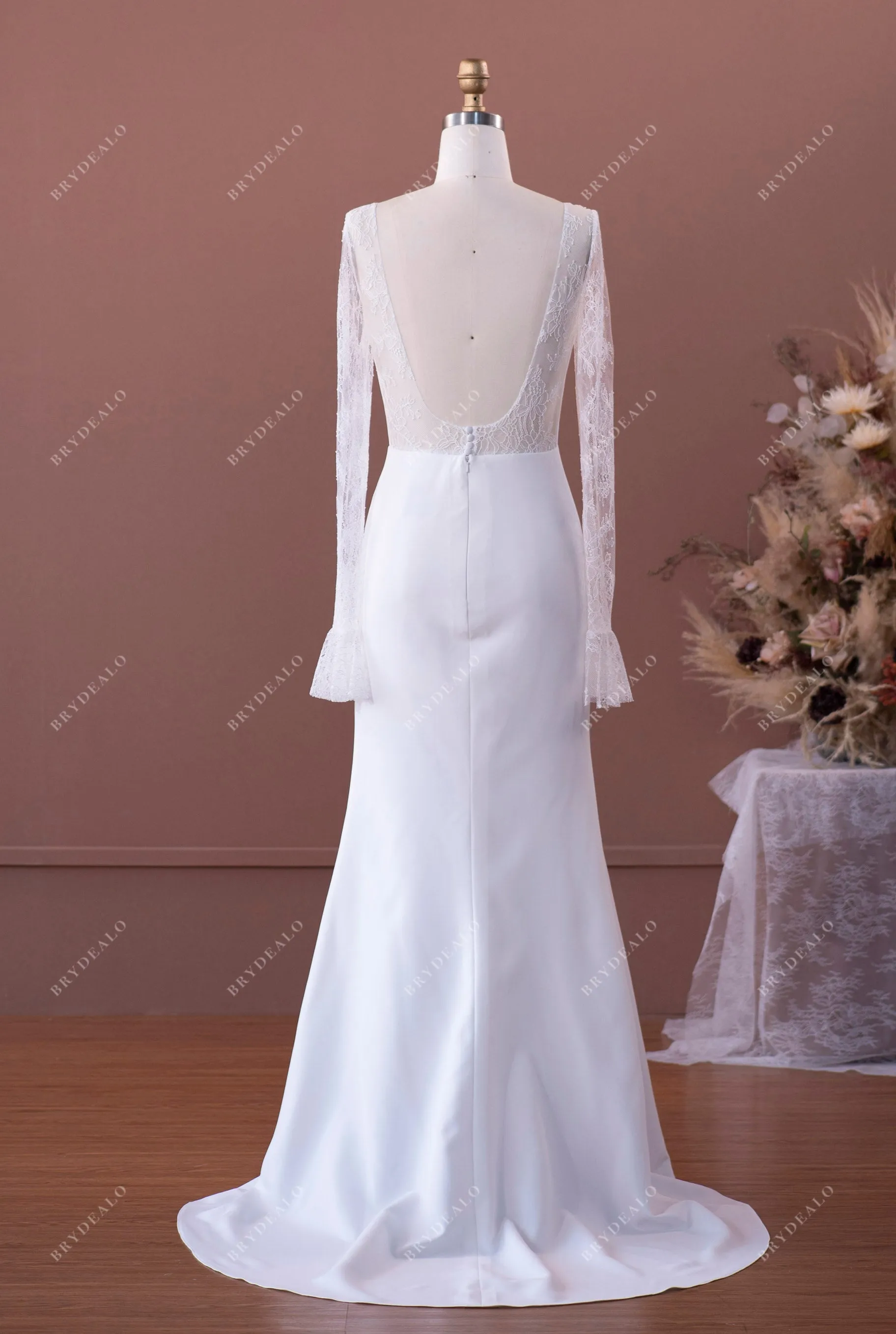 Sheer Lace Sleeved Elegant Crepe Mermaid Wedding Dress