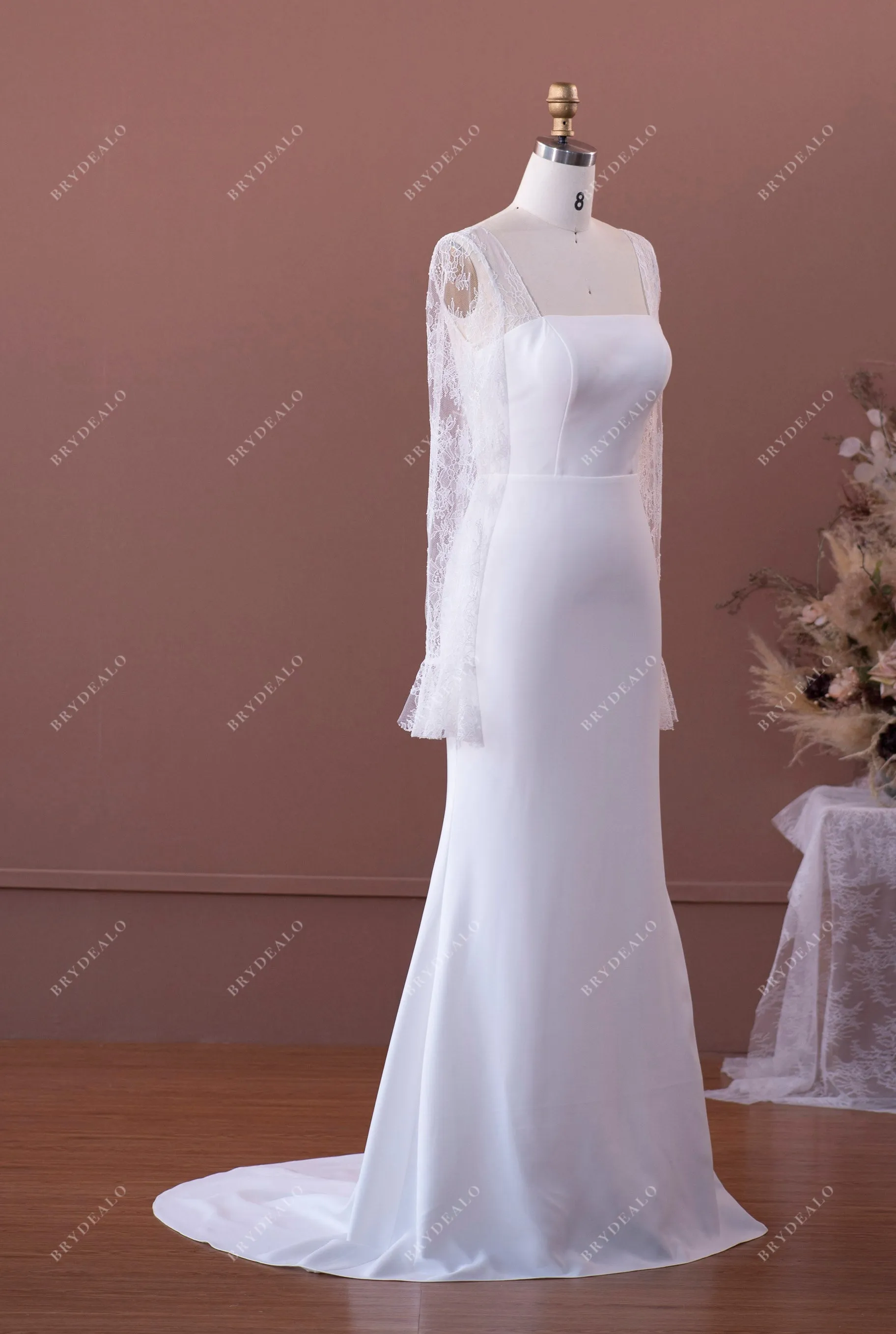 Sheer Lace Sleeved Elegant Crepe Mermaid Wedding Dress