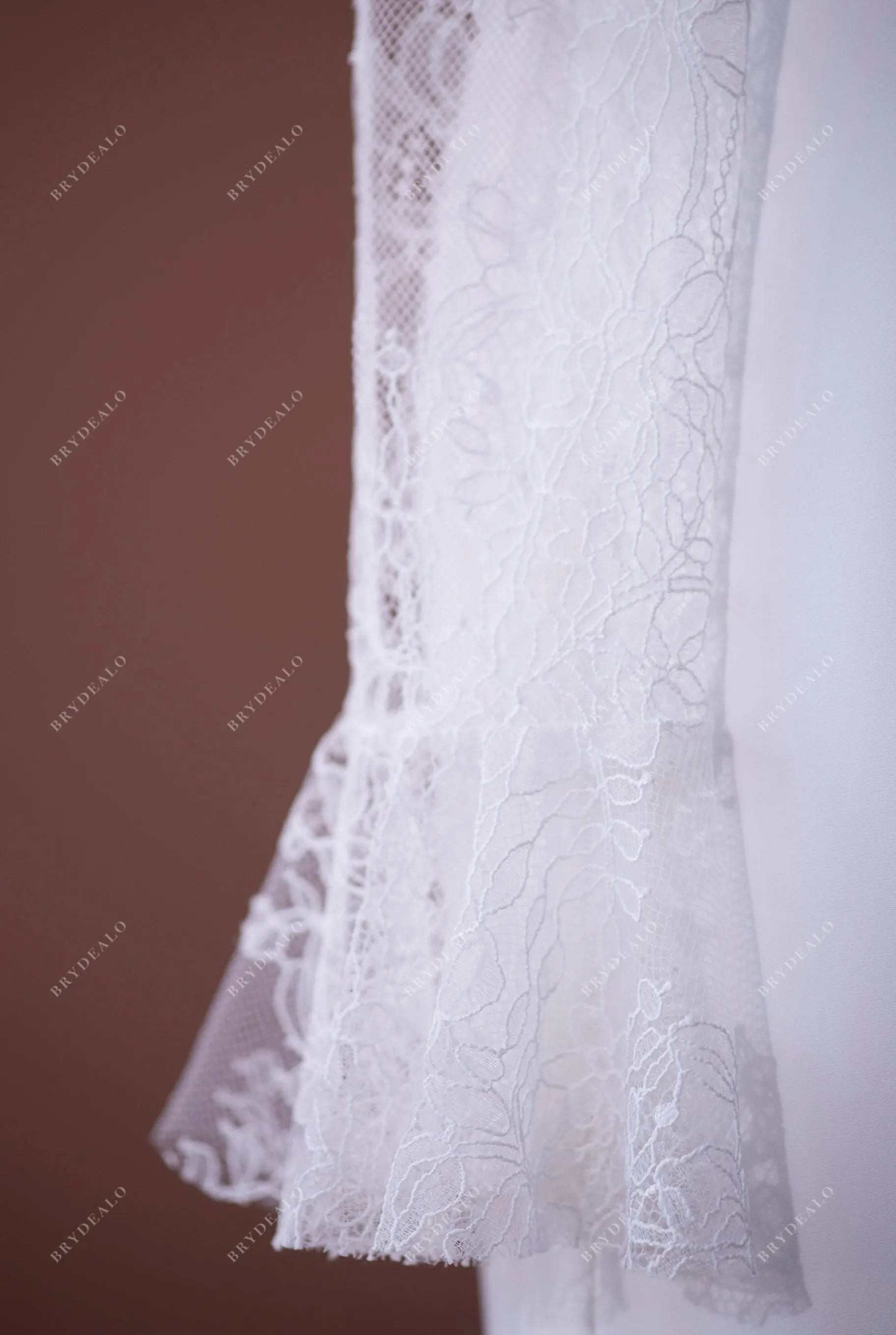 Sheer Lace Sleeved Elegant Crepe Mermaid Wedding Dress